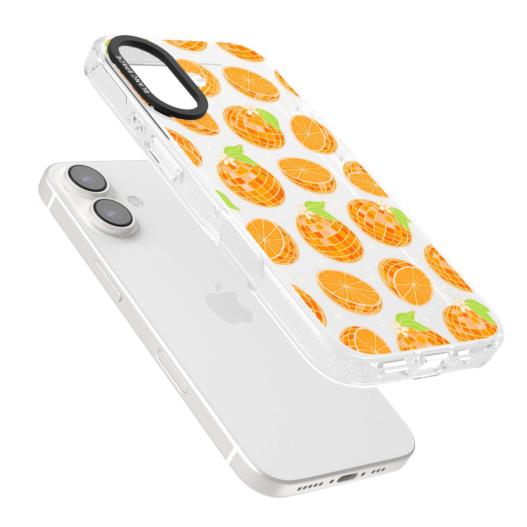 Disco Oranges retro iPhone case featuring mirrorball oranges, citrus slices and tiny blossoms on clear | Clear Case Impact Air case for iPhone 16, iPhone 16 Plus