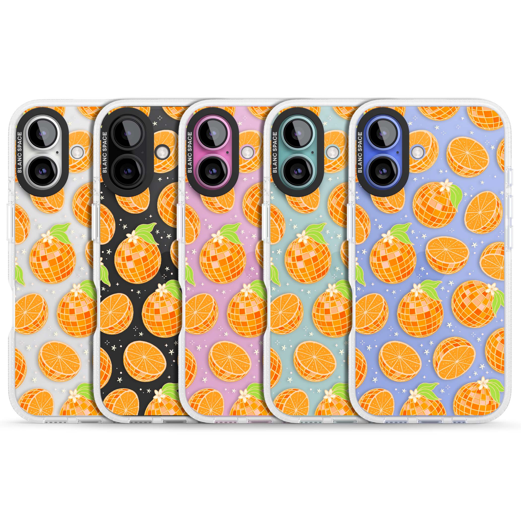Disco Oranges retro iPhone case featuring mirrorball oranges, citrus slices and tiny blossoms on clear | Clear Case Impact Air case for iPhone 16, iPhone 16 Plus