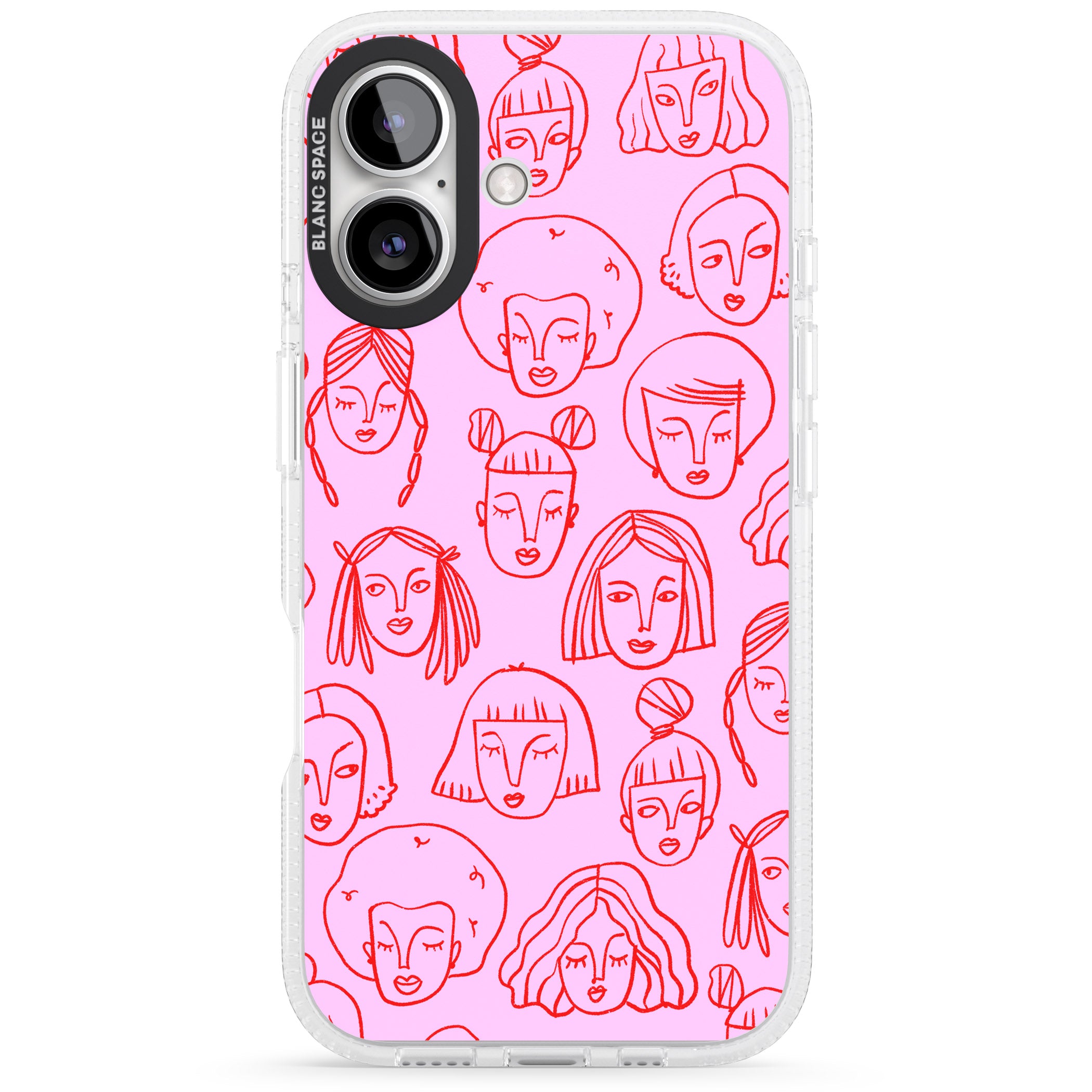 Girl Portrait Doodles in Pink & Red iPhone 16 / 16 Plus Clear Case Impact Air - Blanc Space
