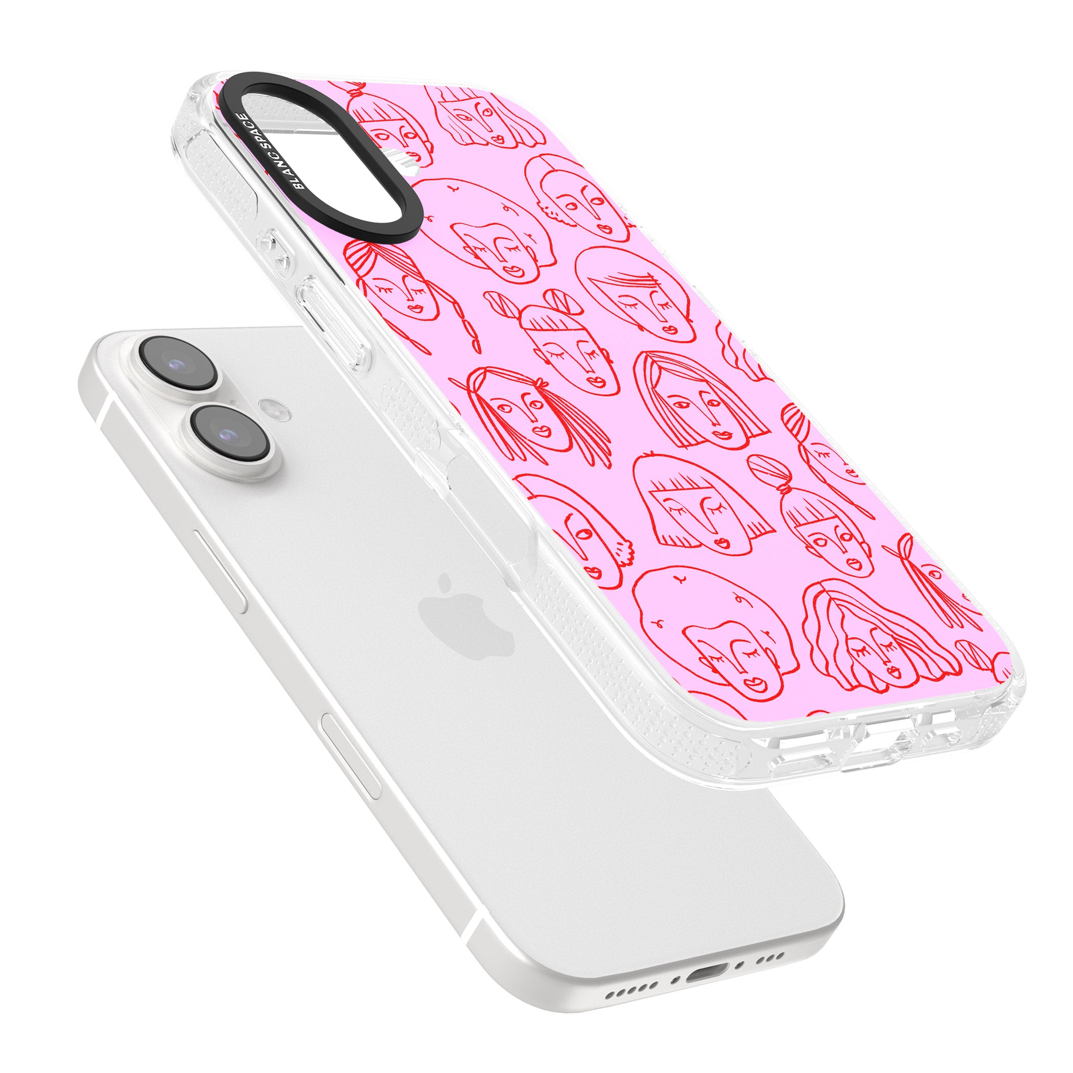 Girl Portrait Doodles in Pink & Red iPhone 16 / 16 Plus Clear Case Impact Air - Blanc Space