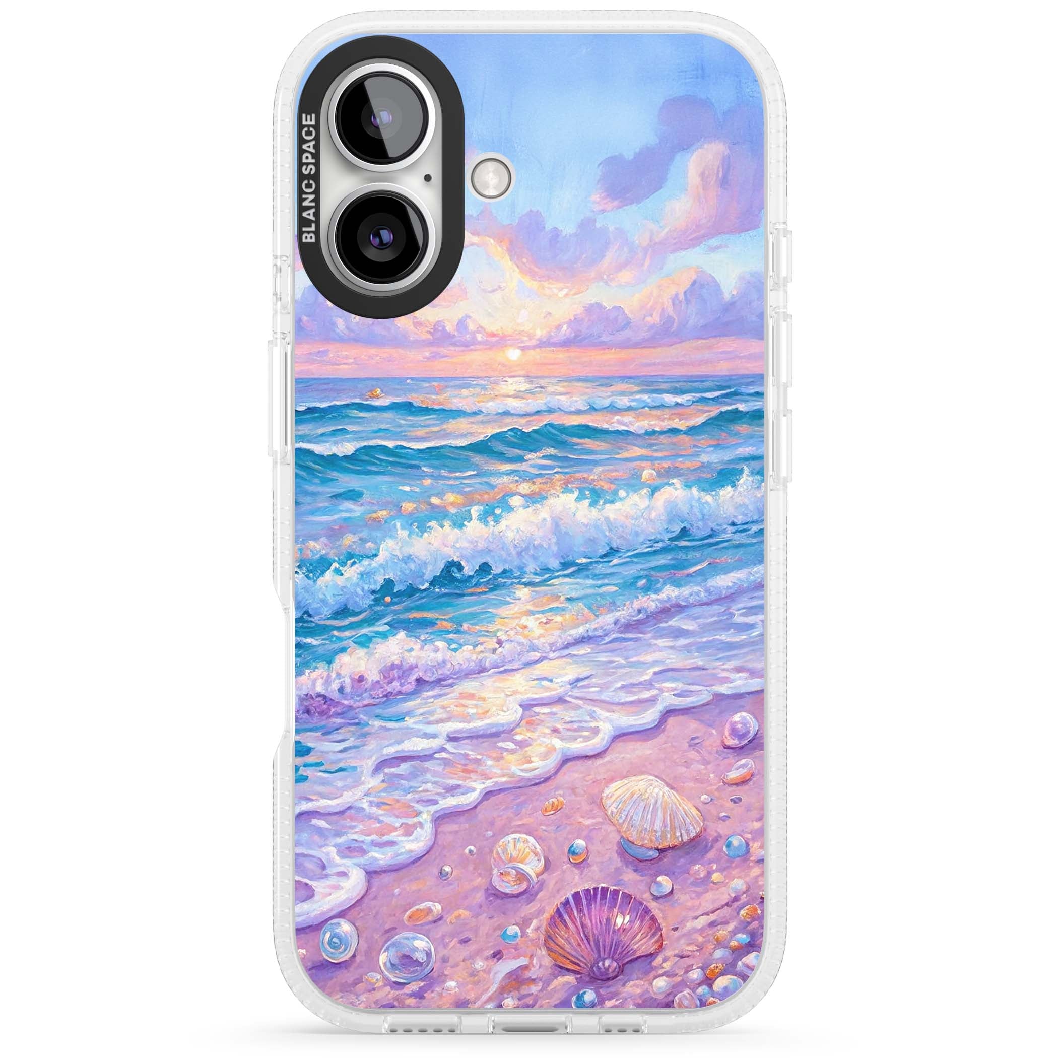Pearl Shore coastal iPhone case featuring pastel painted waves, seashells, and a sunrise sky over a lavender beach. | Clear Case Impact Air case for iPhone 16, iPhone 16 Plus