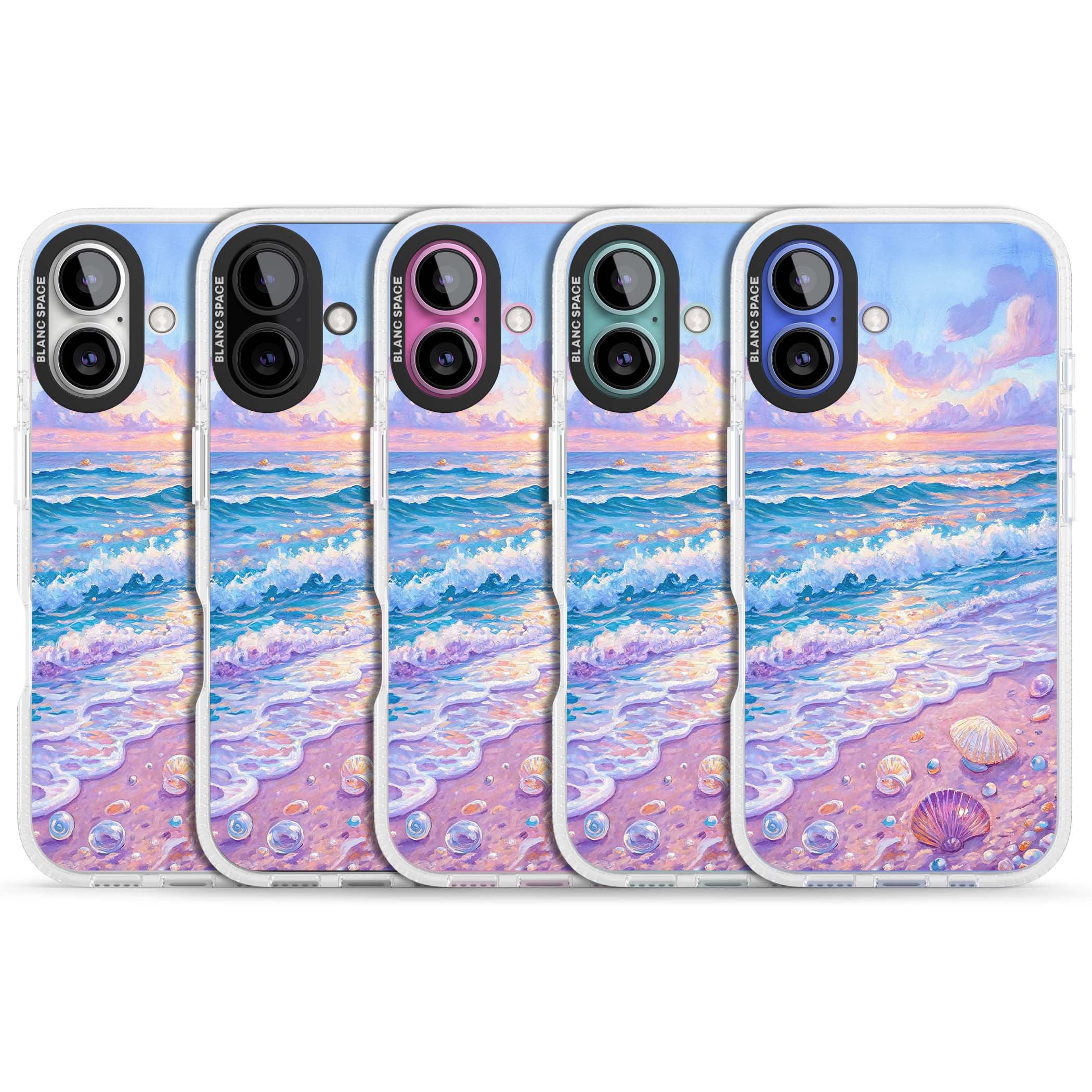 Pearl Shore coastal iPhone case featuring pastel painted waves, seashells, and a sunrise sky over a lavender beach. | Clear Case Impact Air case for iPhone 16, iPhone 16 Plus