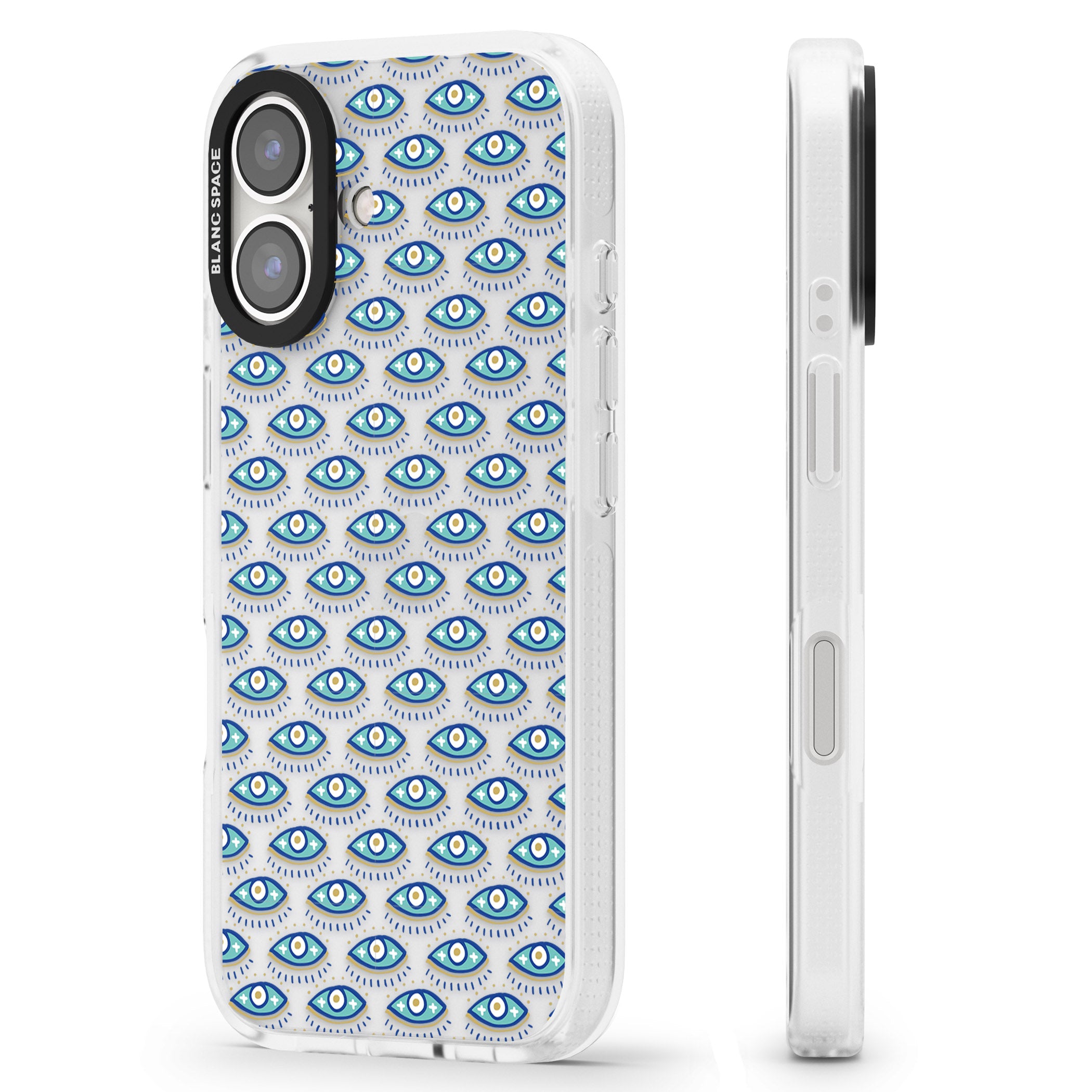 Eyes & Crosses (Clear) Psychedelic Eyes Pattern iPhone 16 / 16 Plus Clear Case Impact Air - Blanc Space
