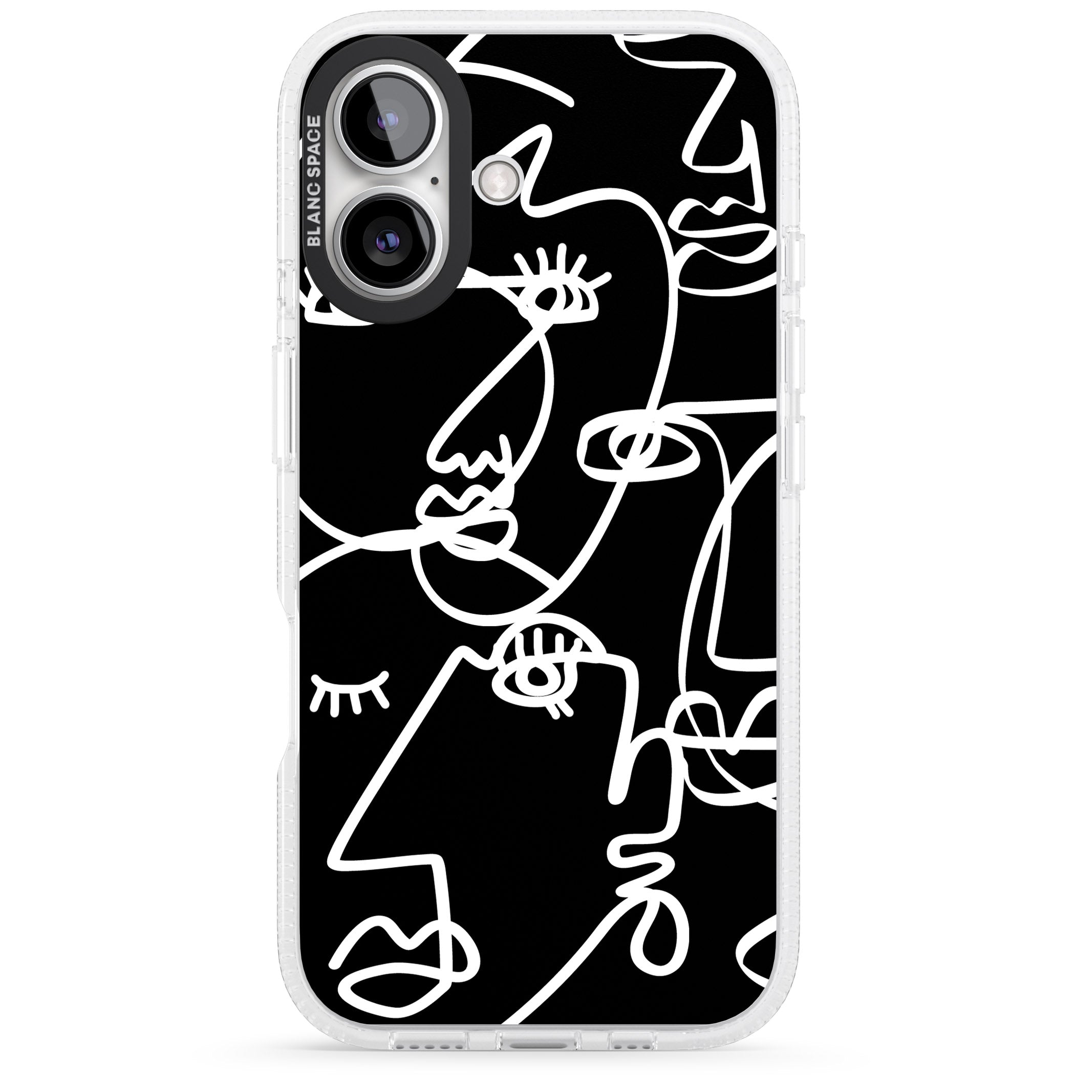 Abstract Continuous Line Faces White on Black iPhone 16 / 16 Plus Clear Case Impact Air - Blanc Space