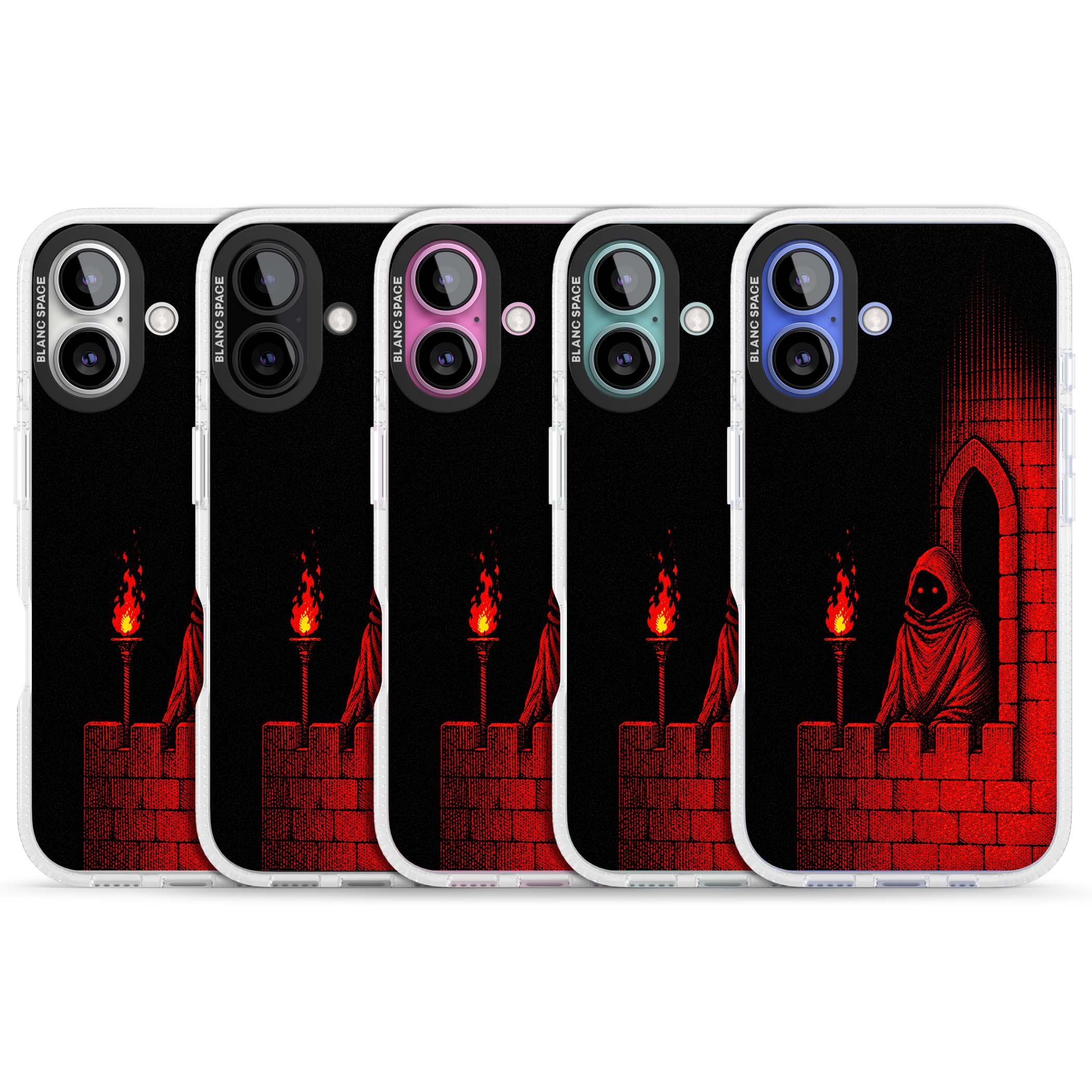 Crimson Crypt gothic iPhone case featuring a hooded reaper, torchlit crypt archway and red halftone horror art | Clear Case Impact Air case for iPhone 16, iPhone 16 Plus