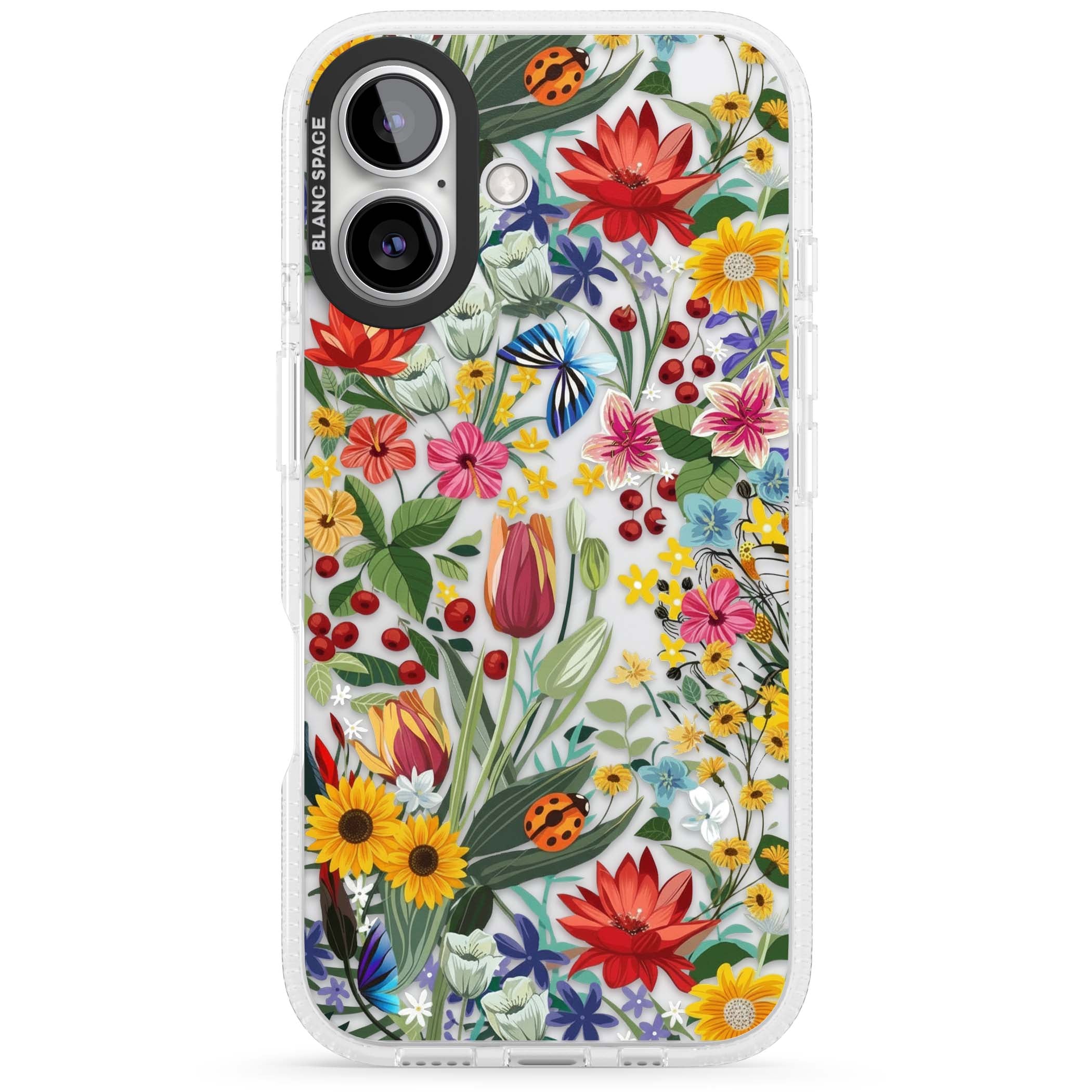 Botanical Bloom cottagecore iPhone case featuring colorful wildflowers, sunflowers, and ladybugs on clear background | Clear Case Impact Air case for iPhone 16, iPhone 16 Plus
