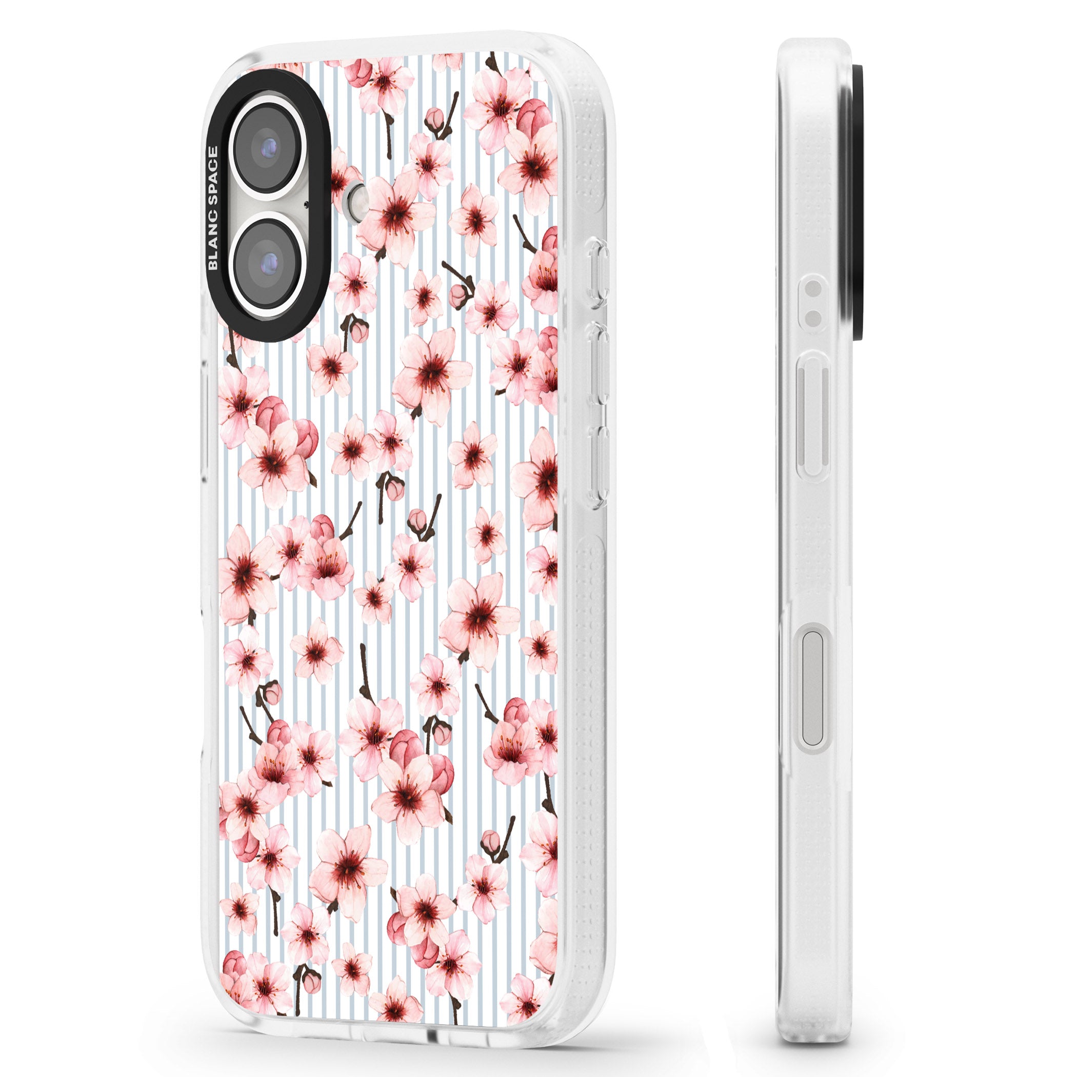 Cherry Blossoms on Blue Stripes Pattern iPhone 16 / 16 Plus Clear Case Impact Air - Blanc Space