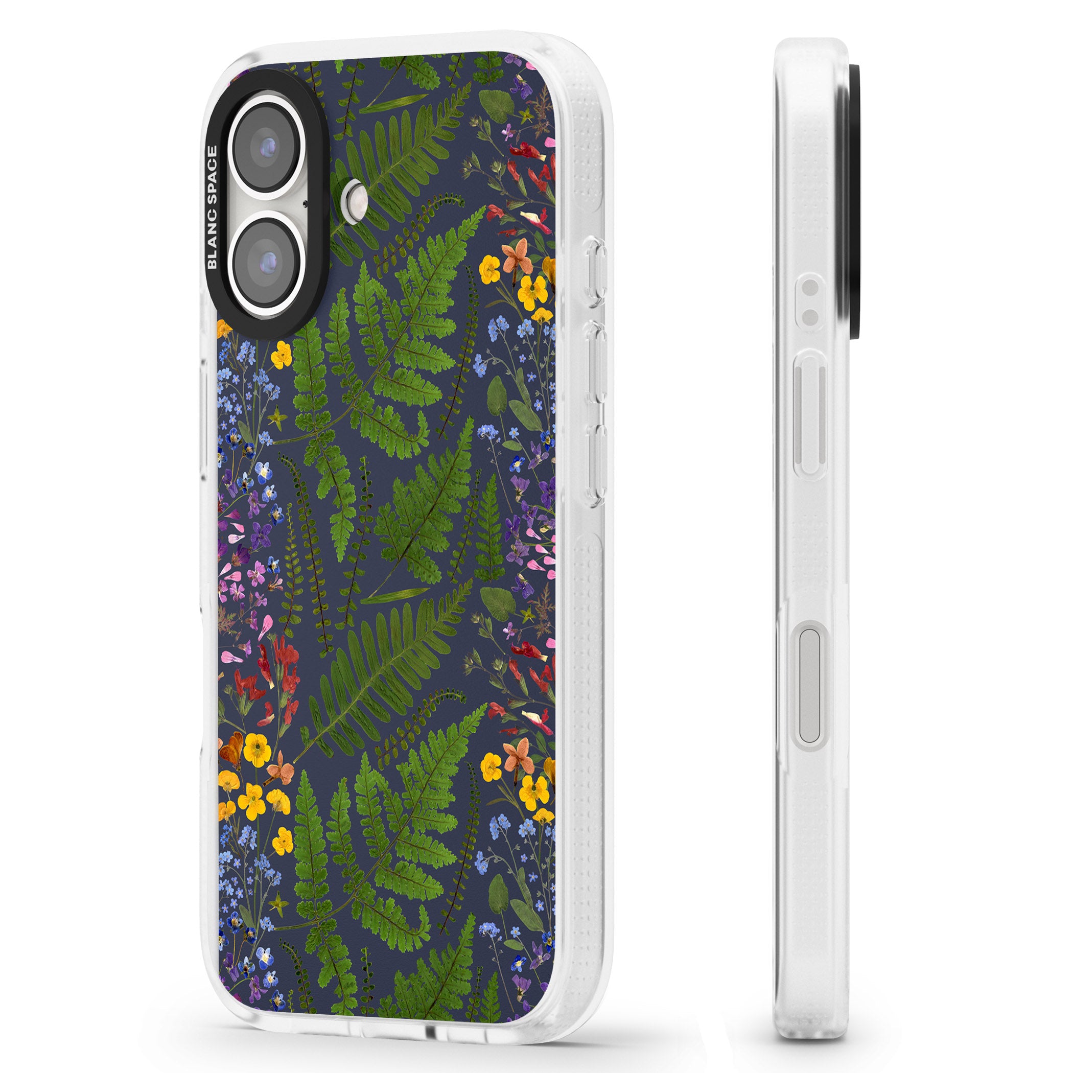 Busy Floral and Fern Design - Navy iPhone 16 / 16 Plus Clear Case Impact Air - Blanc Space