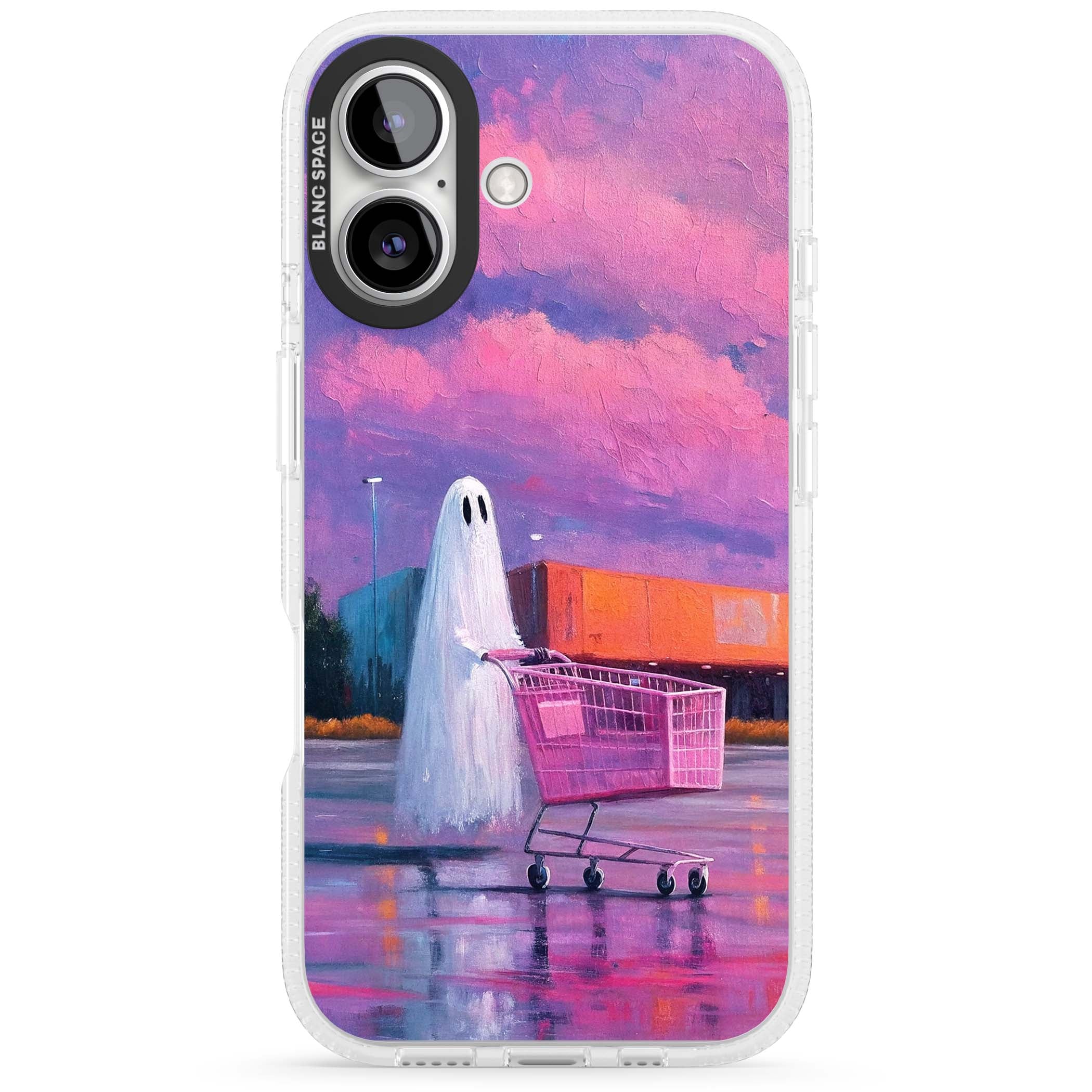 A Ghost's Errand ghost halloween iPhone case featuring a painted ghost, pink shopping trolley and purple sunset sky | Clear Case Impact Air case for iPhone 16, iPhone 16 Plus