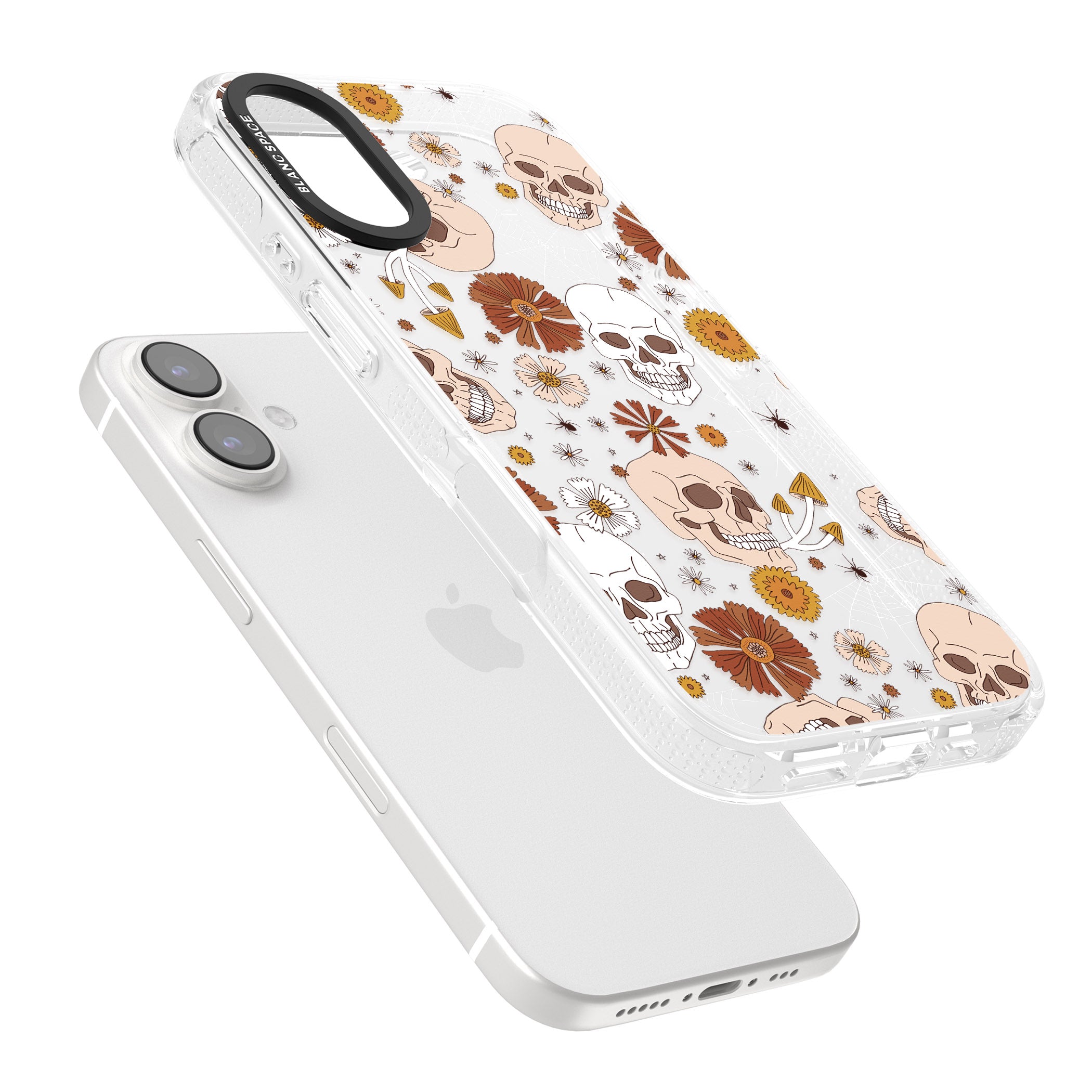 Halloween Skulls and Flowers iPhone 16 / 16 Plus Clear Case Impact Air - Blanc Space