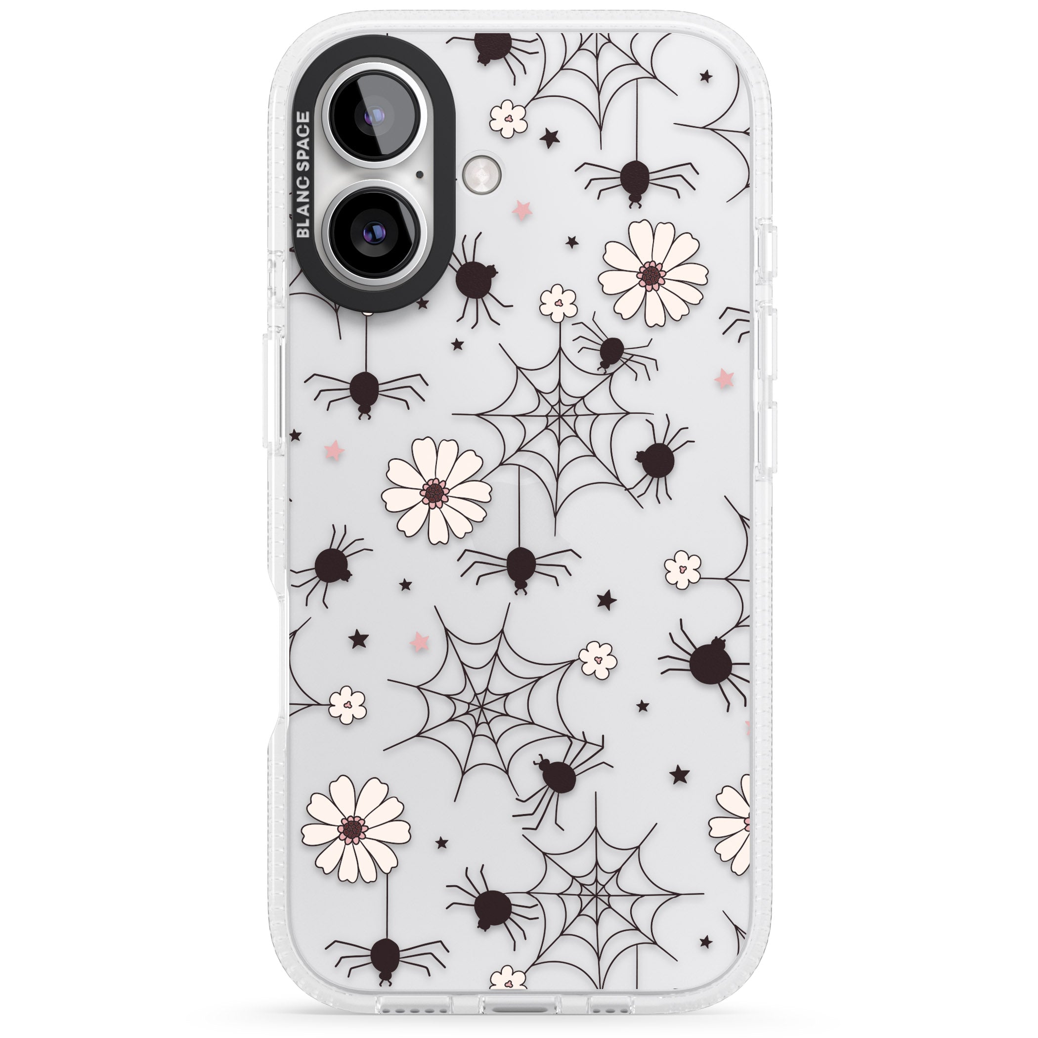 Spiders and Flowers Pattern iPhone 16 / 16 Plus Clear Case Impact Air - Blanc Space