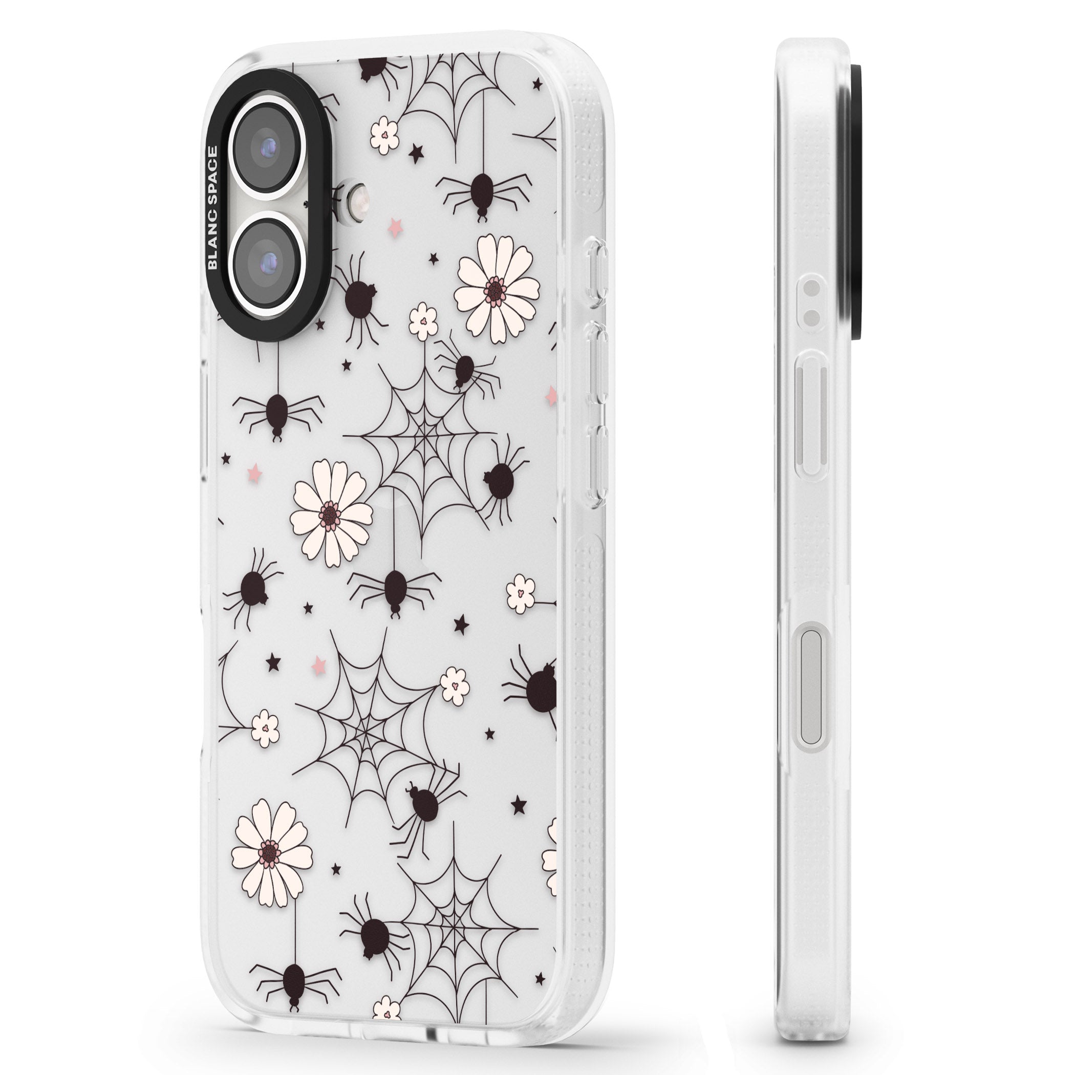 Spiders and Flowers Pattern iPhone 16 / 16 Plus Clear Case Impact Air - Blanc Space