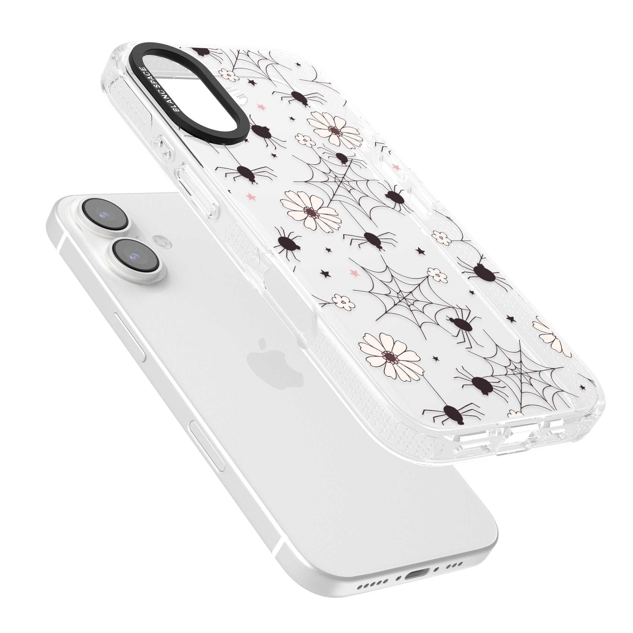 Spiders and Flowers Pattern iPhone 16 / 16 Plus Clear Case Impact Air - Blanc Space