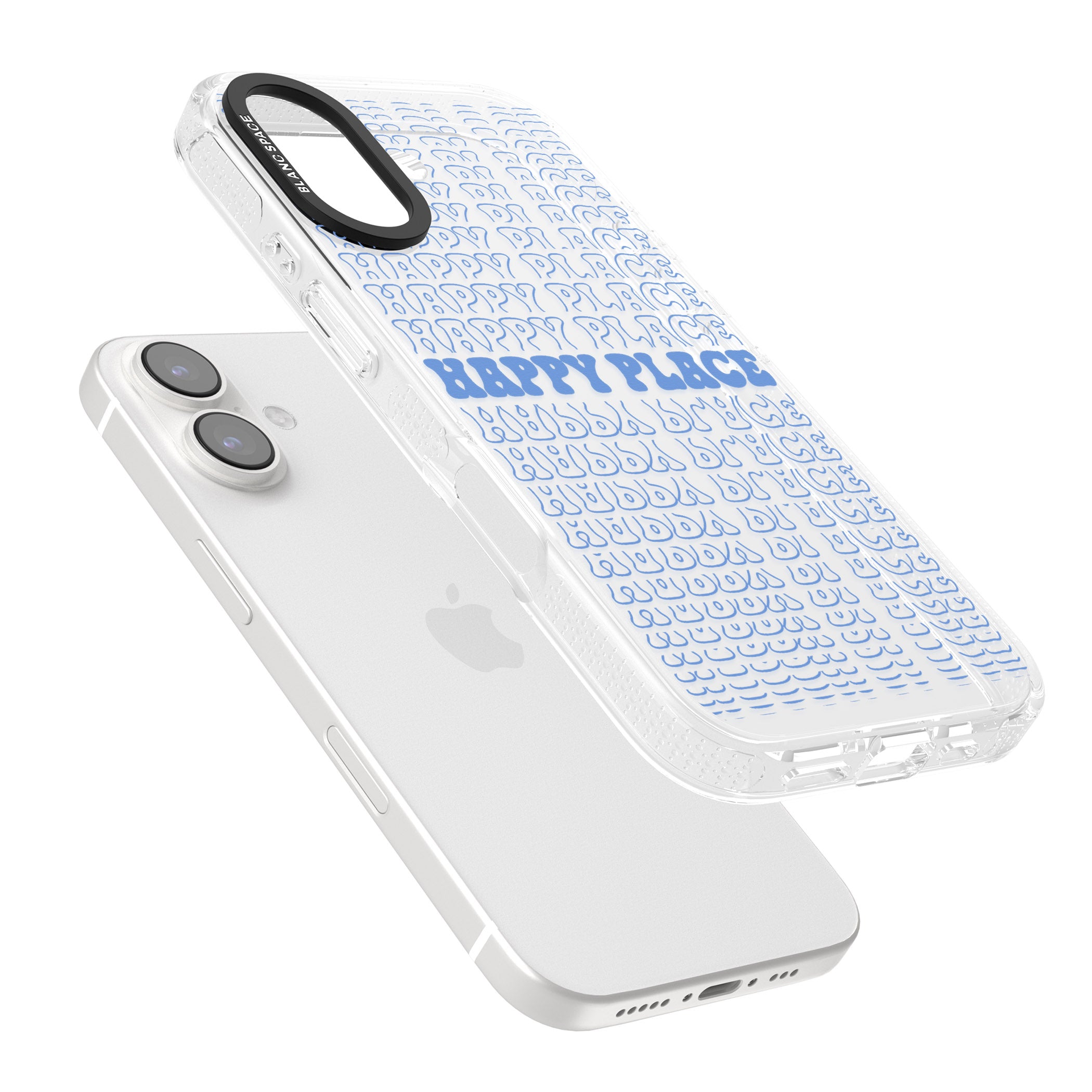Happy Place (Blue) iPhone 16 / 16 Plus Clear Case Impact Air - Blanc Space
