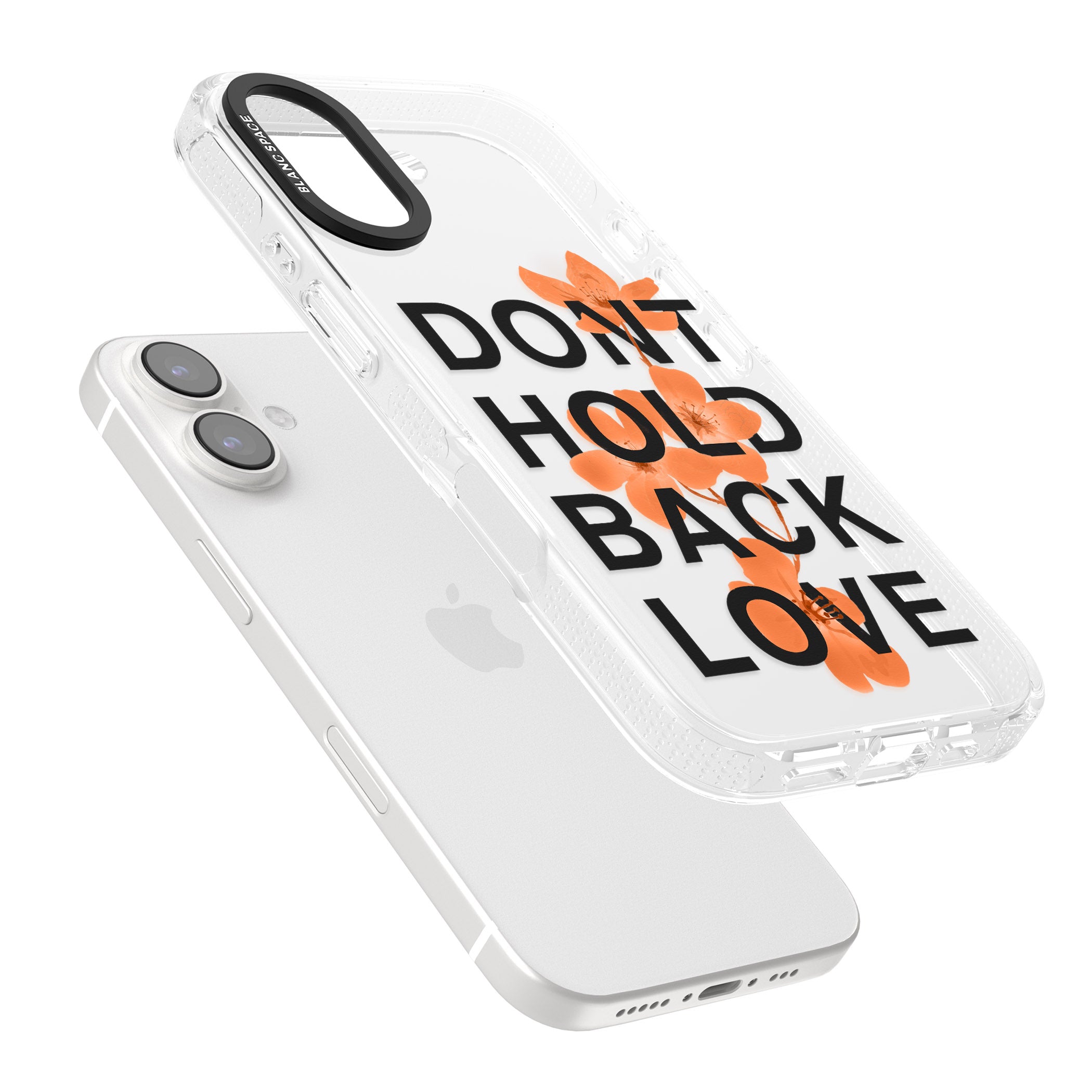 Don't Hold Back Love - Orange & Black iPhone 16 / 16 Plus Clear Case Impact Air - Blanc Space