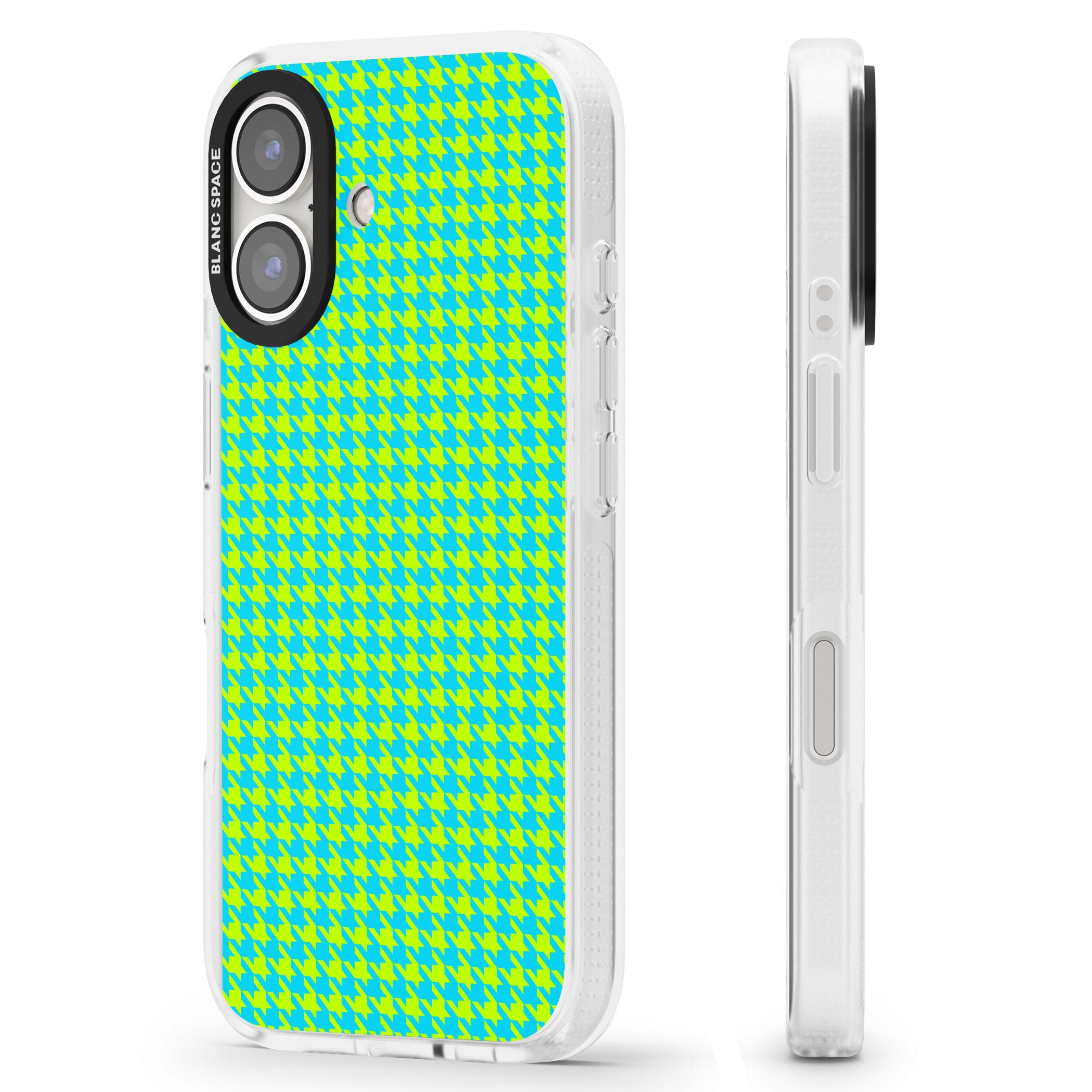Neon Lime & Turquoise Houndstooth Pattern iPhone 16 / 16 Plus Clear Case Impact Air - Blanc Space