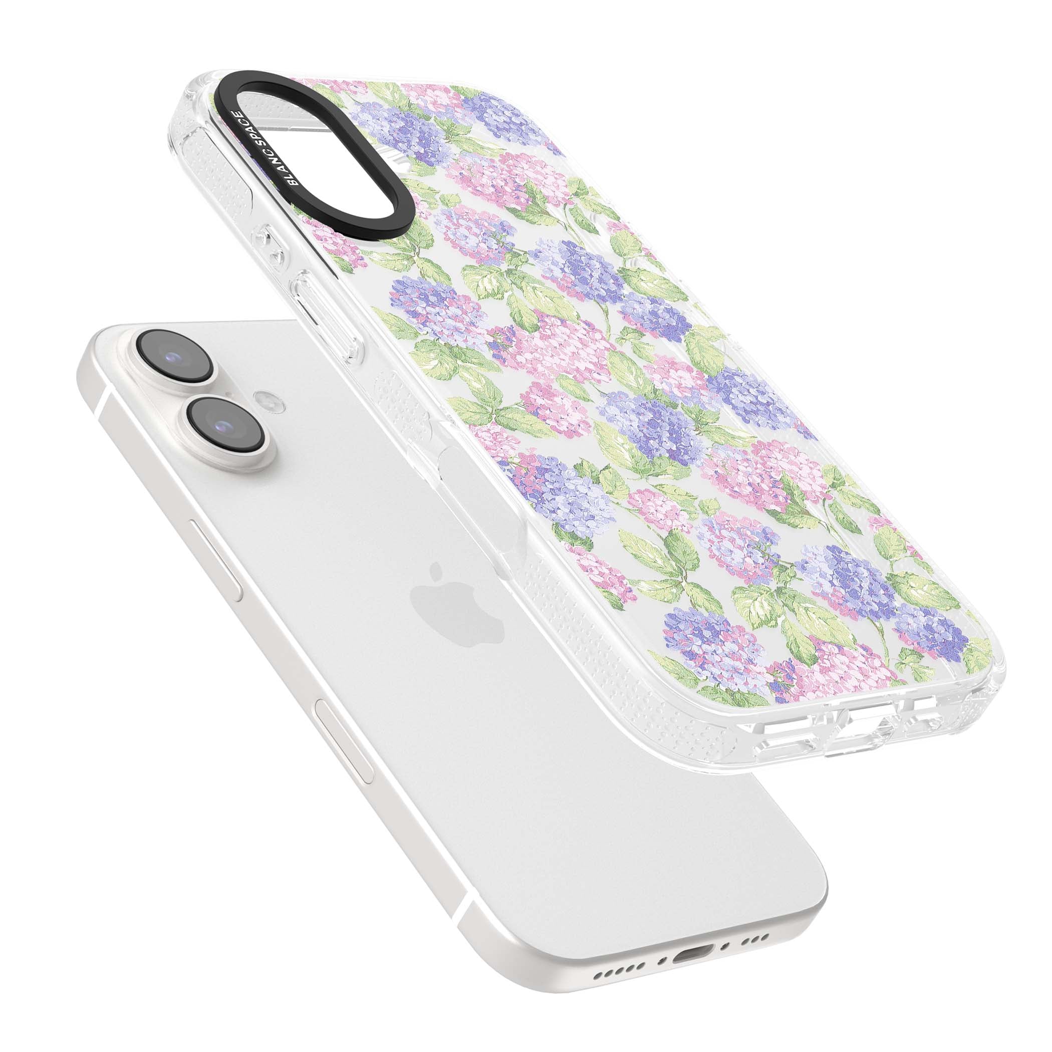 Cottage Hydrangea cottagecore iPhone case featuring pink and purple hydrangea blooms with green leaves on a clear background | Clear Case Impact Air case for iPhone 16, iPhone 16 Plus