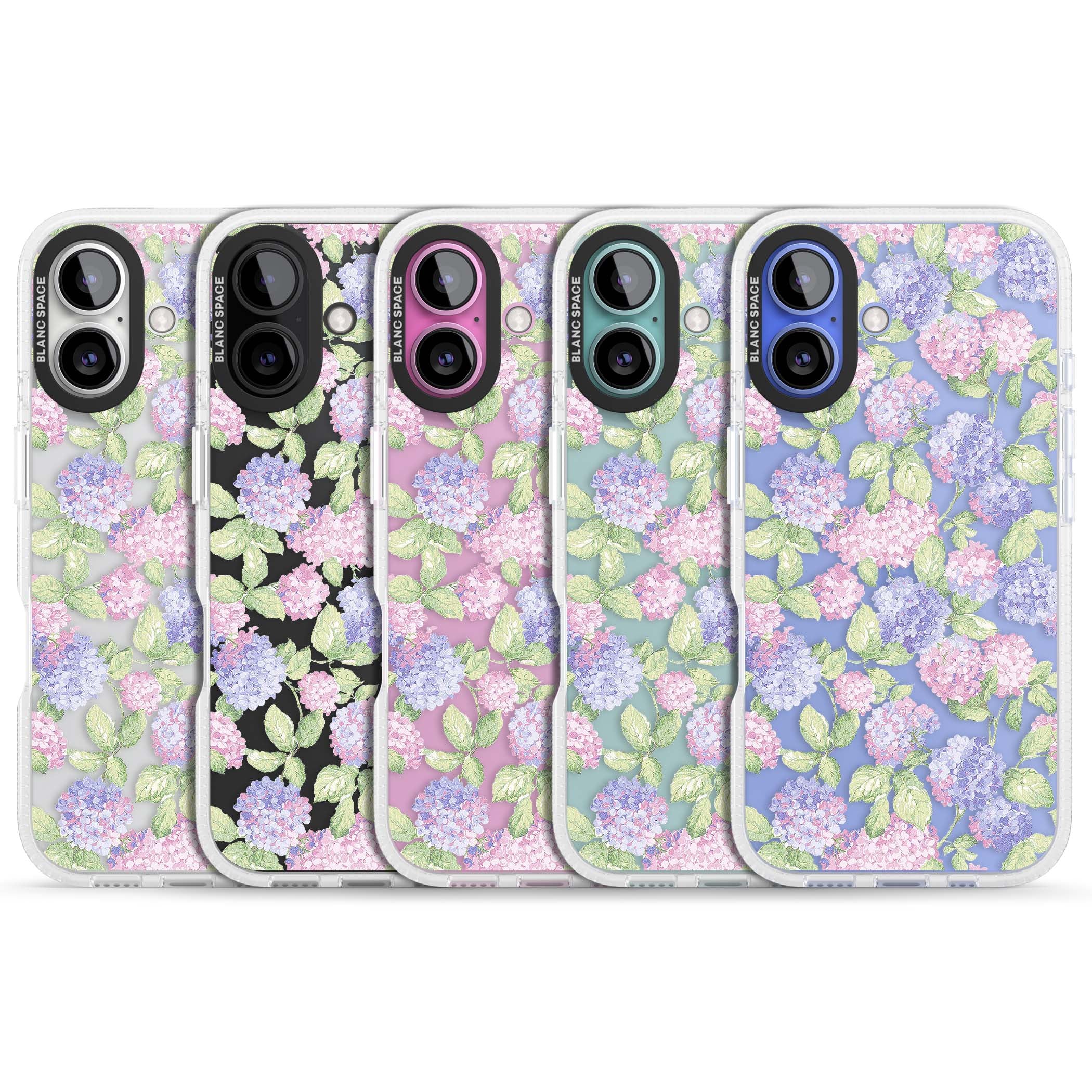 Cottage Hydrangea cottagecore iPhone case featuring pink and purple hydrangea blooms with green leaves on a clear background | Clear Case Impact Air case for iPhone 16, iPhone 16 Plus