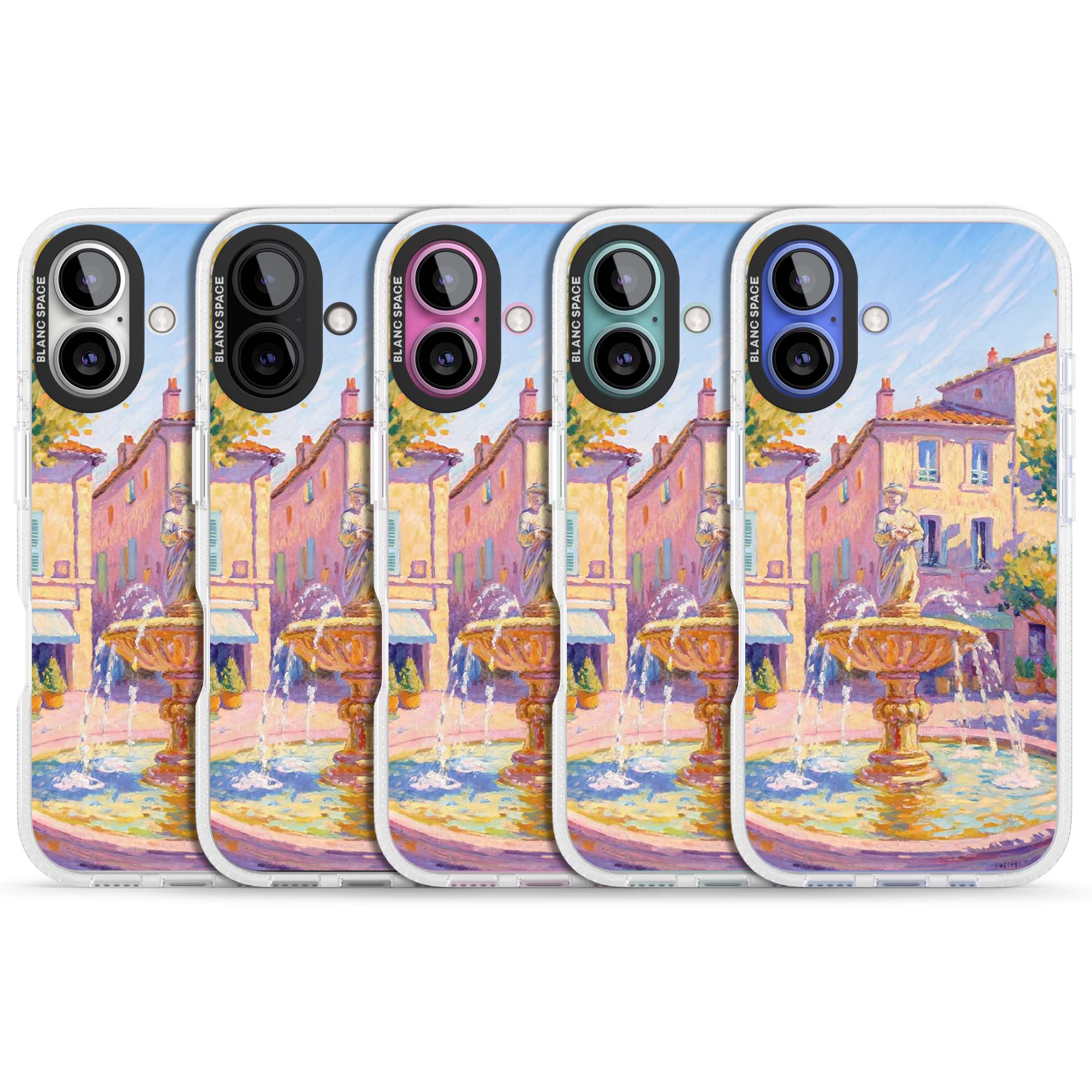 Fountain Square fine art iPhone case featuring an impressionist Provençal fountain, pastel village buildings and summe | Clear Case Impact Air case for iPhone 16, iPhone 16 Plus