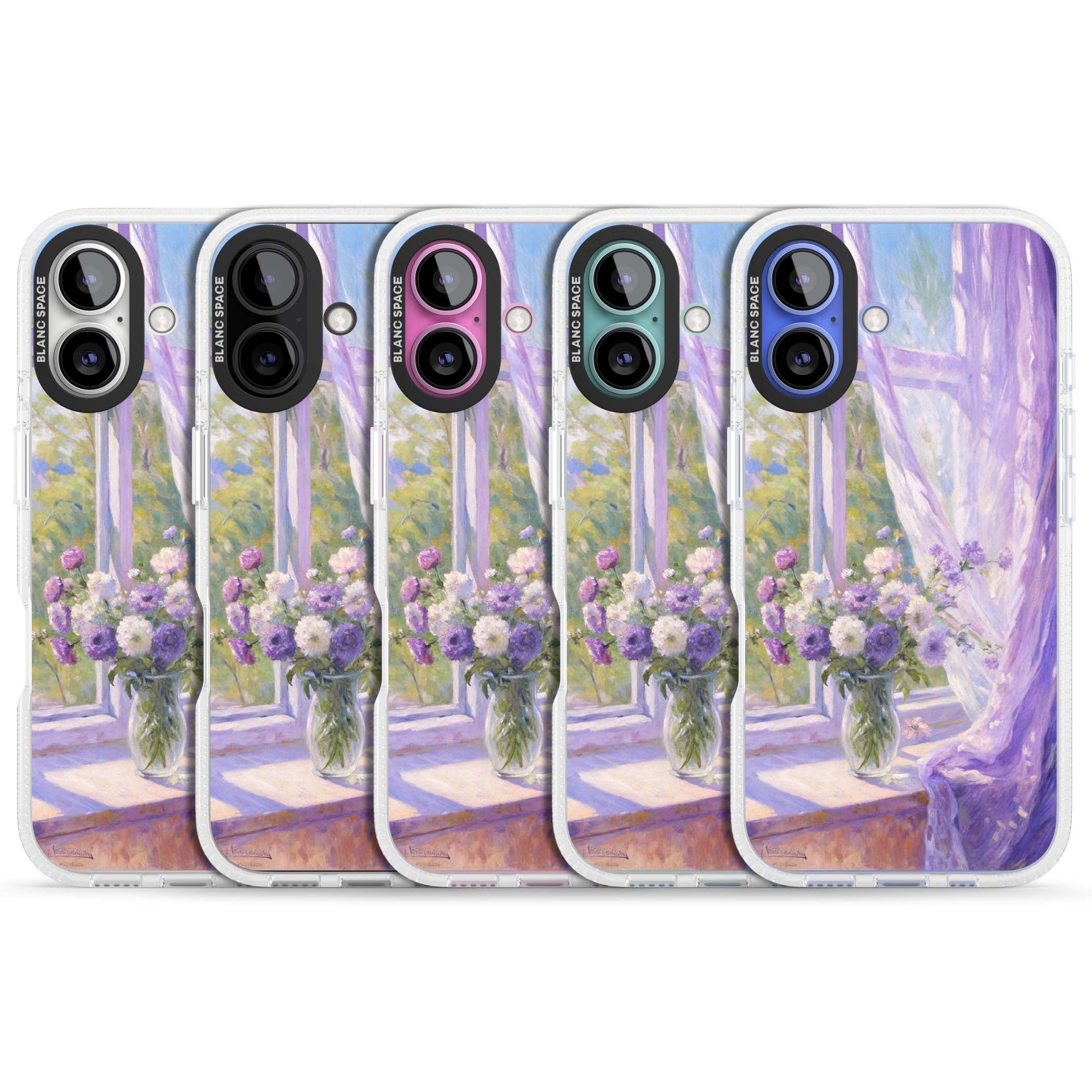 A Provence Morning impressionist art iPhone case featuring a vase of purple flowers, sunlit window and sheer curt | Clear Case Impact Air case for iPhone 16, iPhone 16 Plus