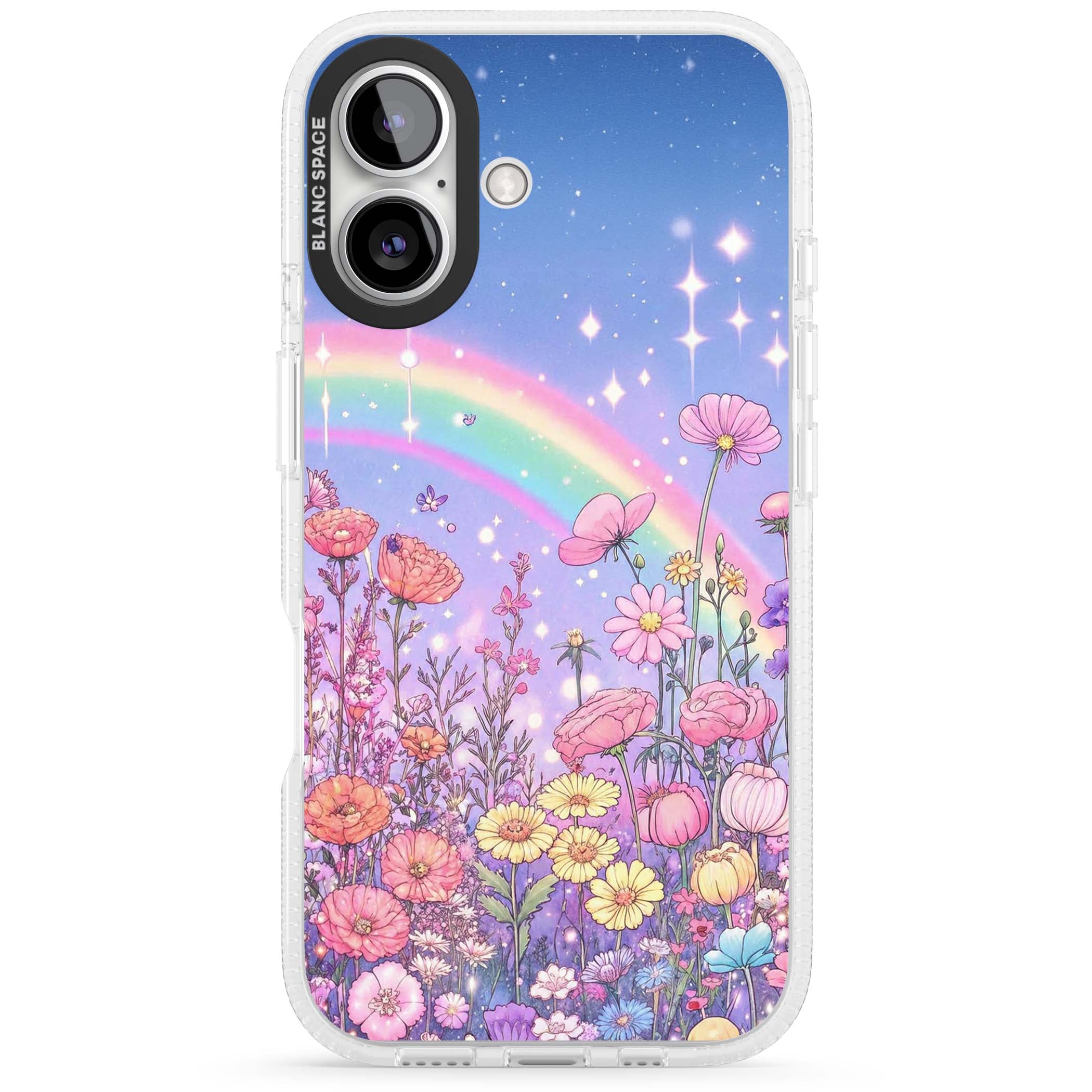 Magical Meadow fairycore iPhone case featuring a pastel rainbow, sparkling stars and a wildflower meadow | Clear Case Impact Air case for iPhone 16, iPhone 16 Plus