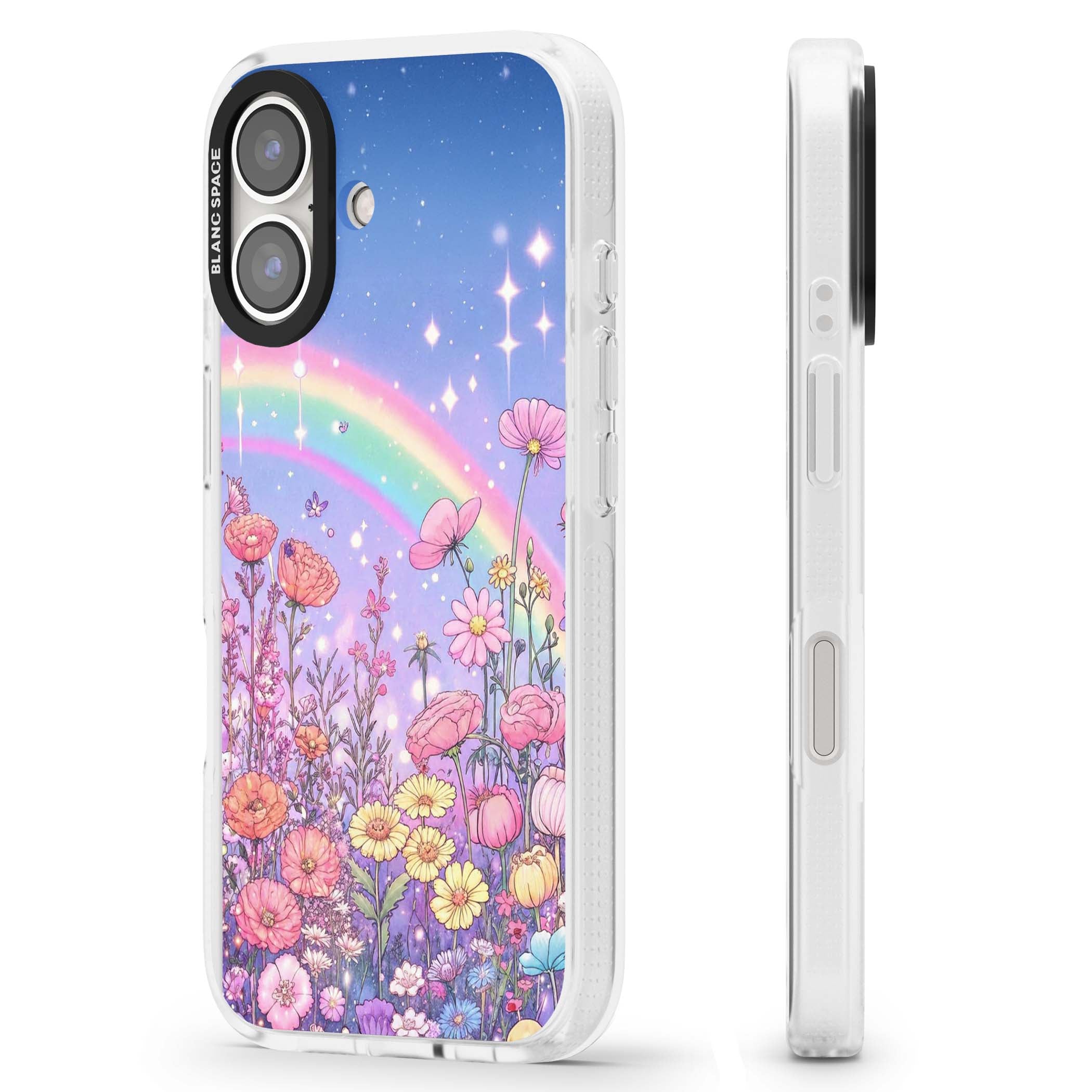 Magical Meadow fairycore iPhone case featuring a pastel rainbow, sparkling stars and a wildflower meadow | Clear Case Impact Air case for iPhone 16, iPhone 16 Plus