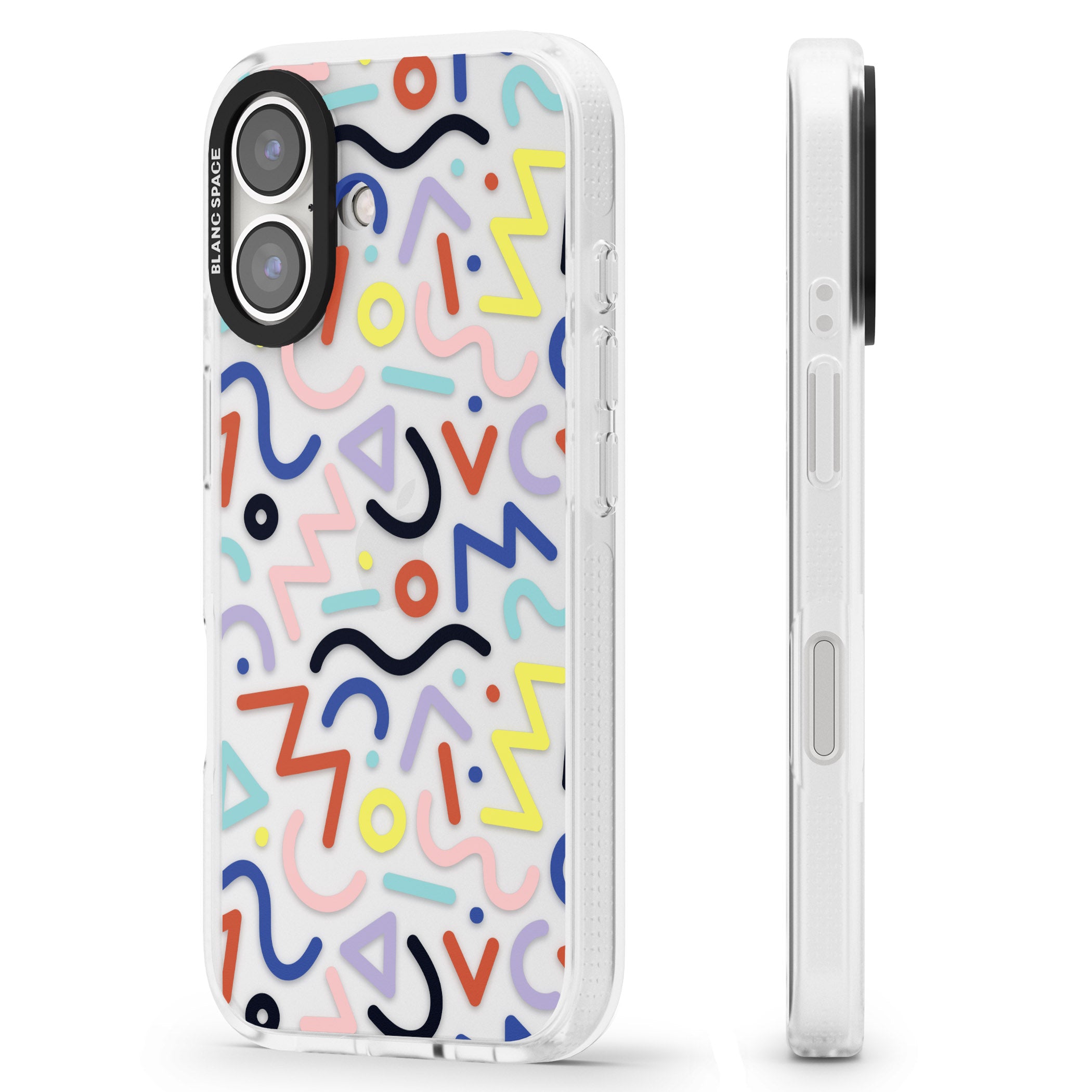 Colourful Squiggles Memphis Retro Pattern Design iPhone 16 / 16 Plus Clear Case Impact Air - Blanc Space
