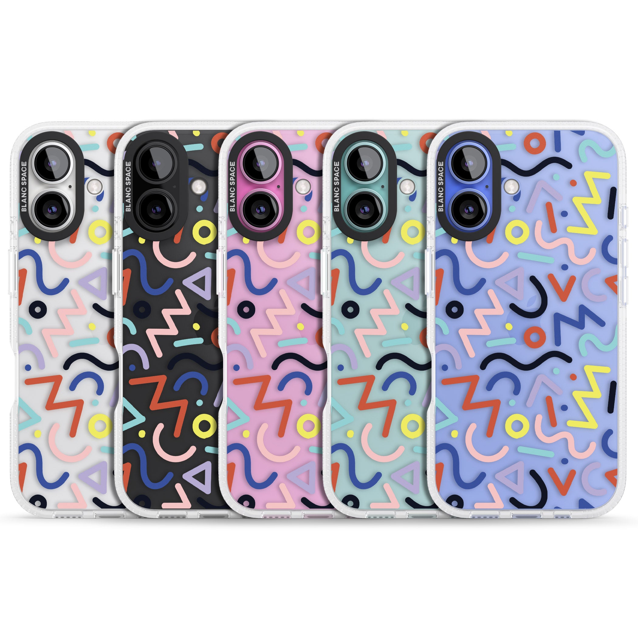 Colourful Squiggles Memphis Retro Pattern Design iPhone 16 / 16 Plus Clear Case Impact Air - Blanc Space