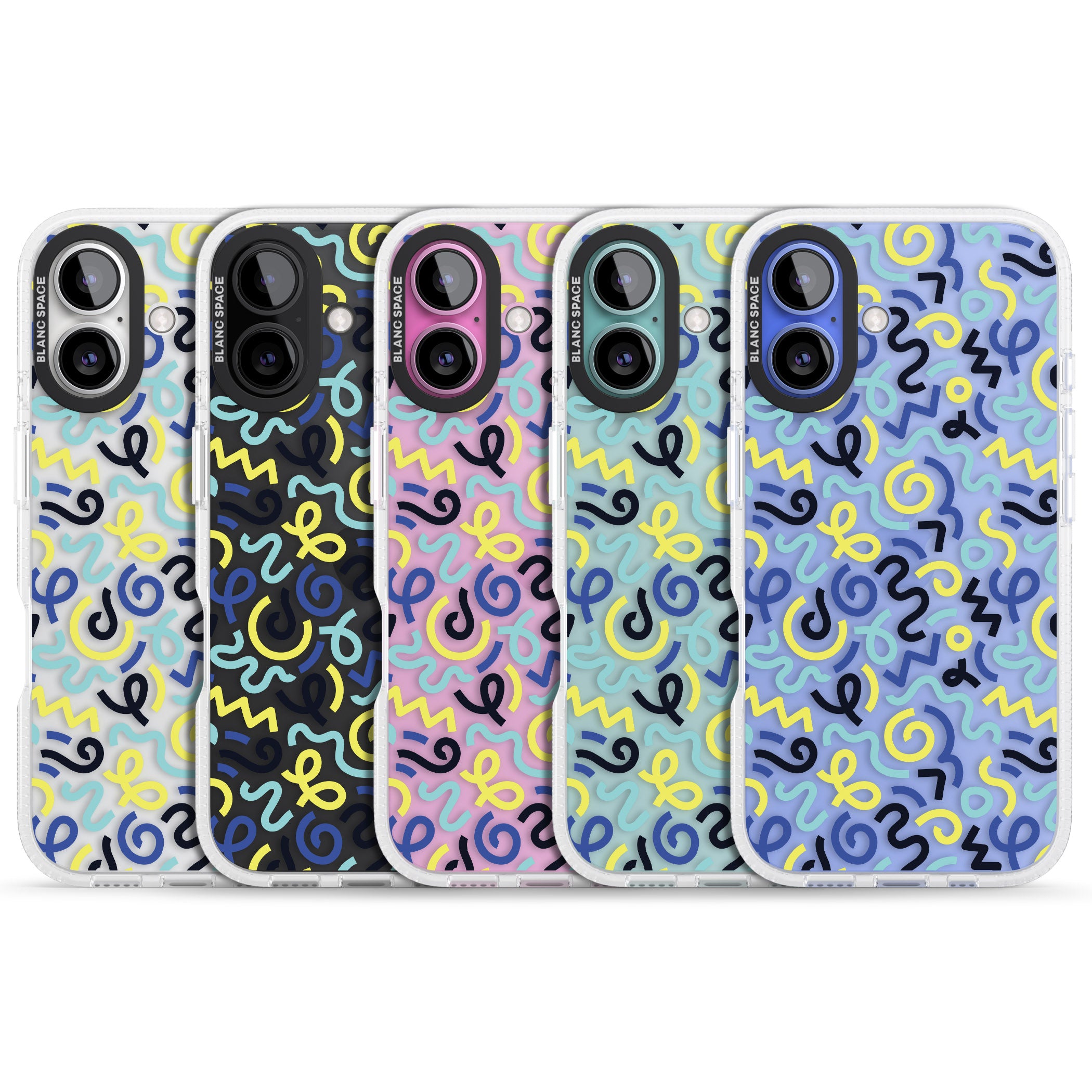 Blue & Yellow Shapes Memphis Retro Pattern Design iPhone 16 / 16 Plus Clear Case Impact Air - Blanc Space