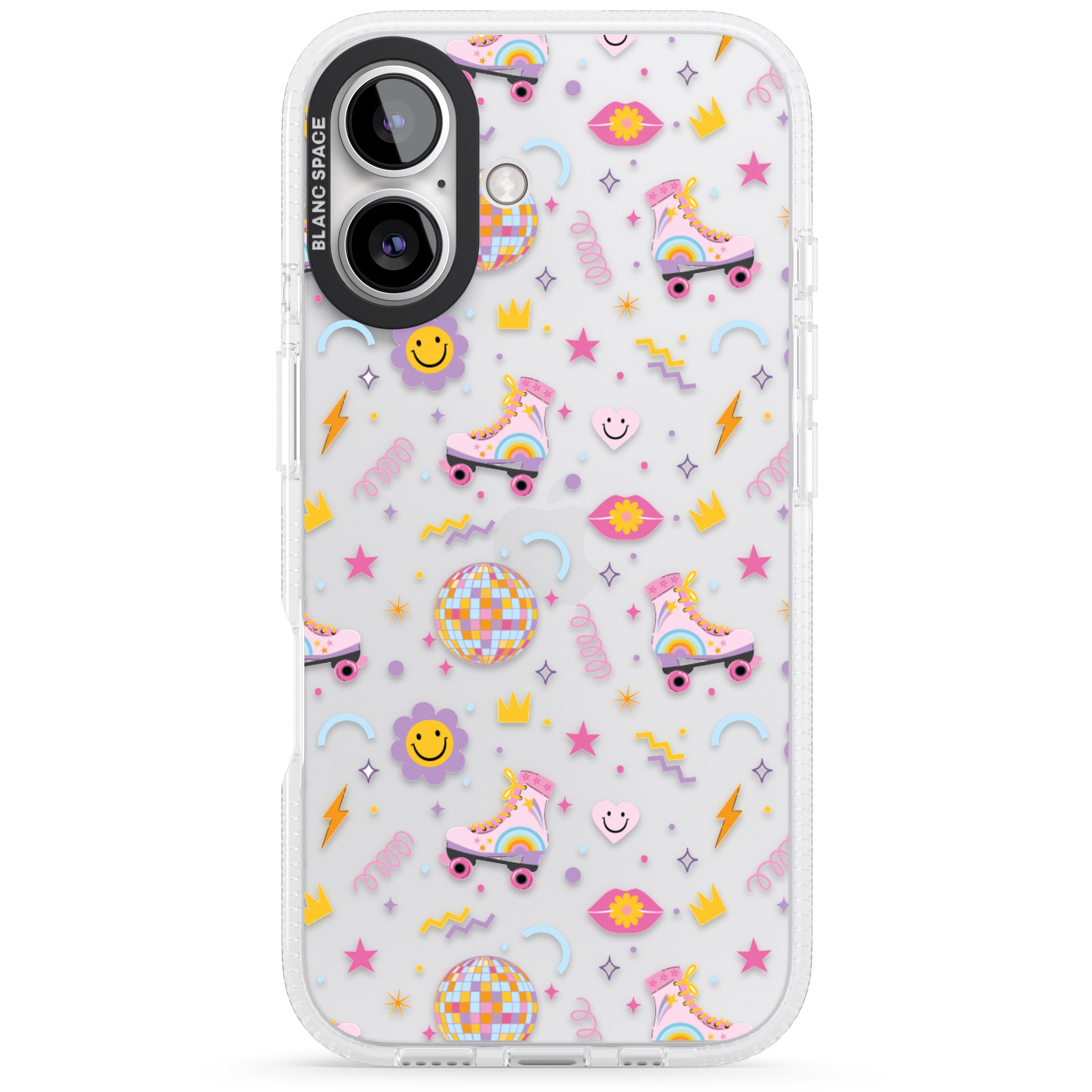 Roller Disco Pattern iPhone 16 / 16 Plus Clear Case Impact Air - Blanc Space