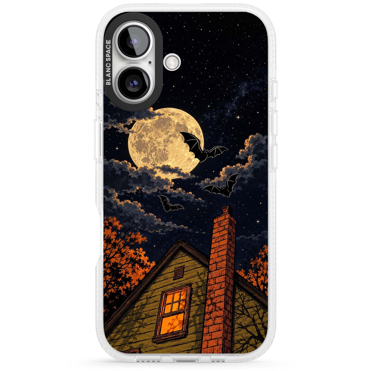 Hollows Eve Halloween iPhone case featuring a haunted house, full moon and flying bats against a starry autumn sky | Clear Case Impact Air case for iPhone 16, iPhone 16 Plus