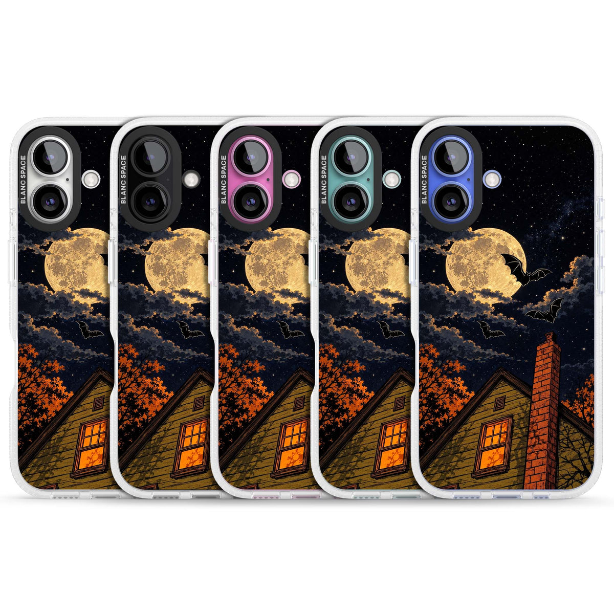 Hollows Eve Halloween iPhone case featuring a haunted house, full moon and flying bats against a starry autumn sky | Clear Case Impact Air case for iPhone 16, iPhone 16 Plus