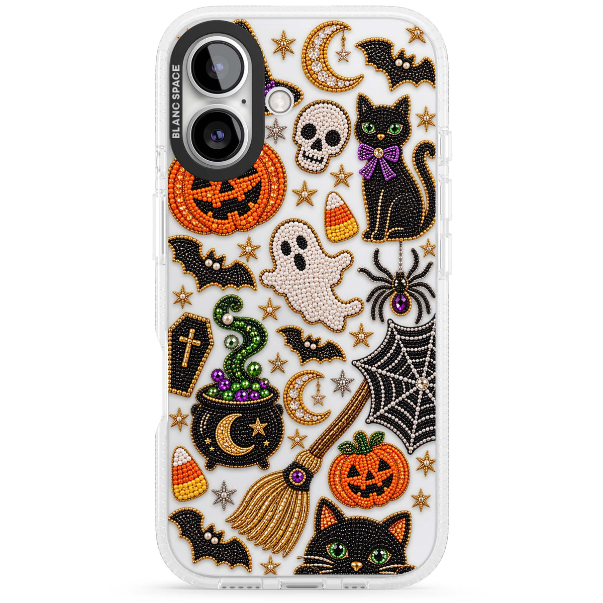 Beaded Halloween Halloween iPhone case featuring beaded pumpkins, ghosts, black cats and bats | Clear Case Impact Air case for iPhone 16, iPhone 16 Plus