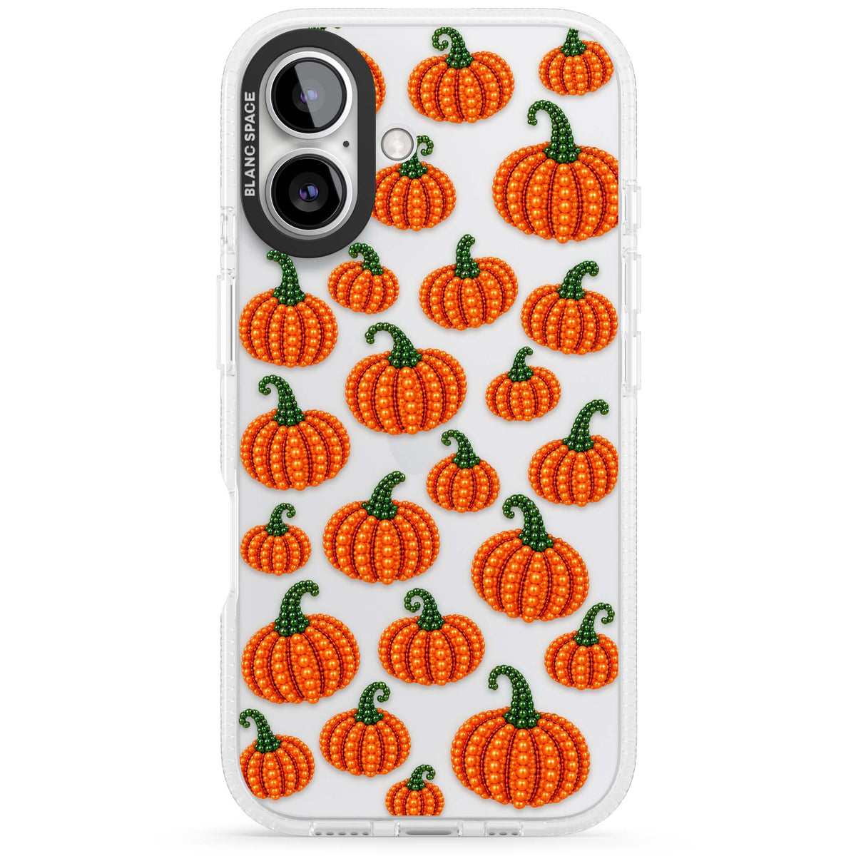Beaded Pumpkins halloween iPhone case featuring beaded orange pumpkins with green stems on a clear background | Clear Case Impact Air case for iPhone 16, iPhone 16 Plus