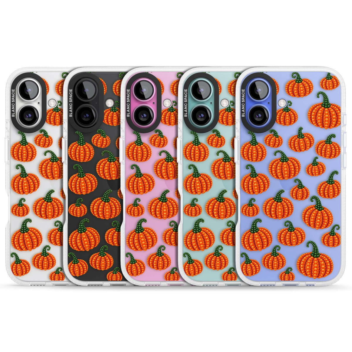 Beaded Pumpkins halloween iPhone case featuring beaded orange pumpkins with green stems on a clear background | Clear Case Impact Air case for iPhone 16, iPhone 16 Plus