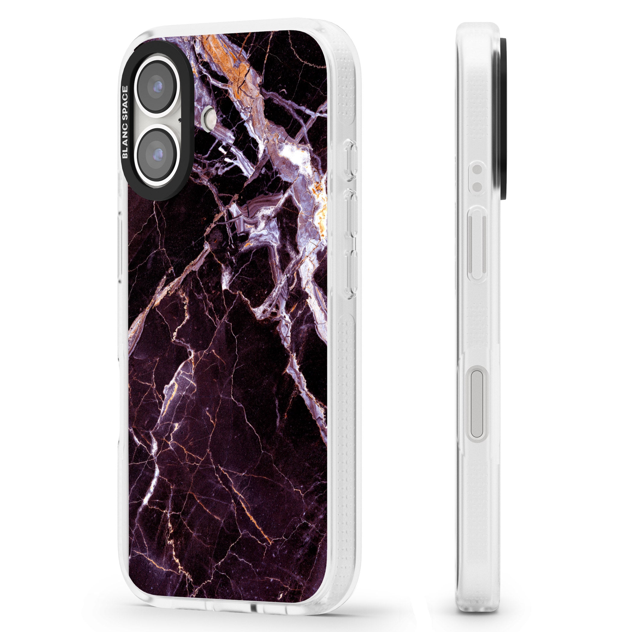 Black, Purple & Yellow shattered Marble iPhone 16 / 16 Plus Clear Case Impact Air - Blanc Space