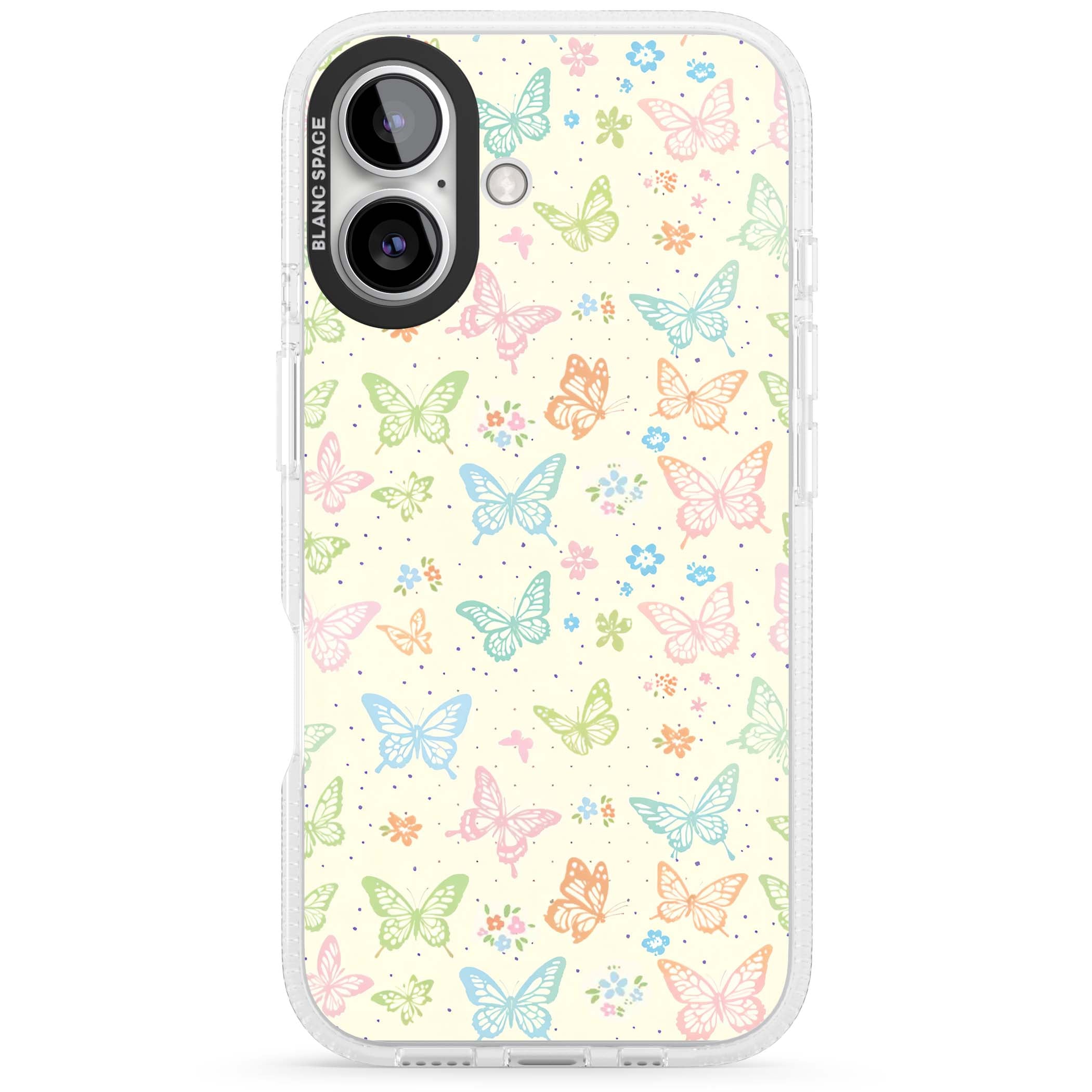 Sugar Wings cottagecore iPhone case featuring rainbow pastel butterflies, tiny wildflowers, and a cream background | Clear Case Impact Air case for iPhone 16, iPhone 16 Plus