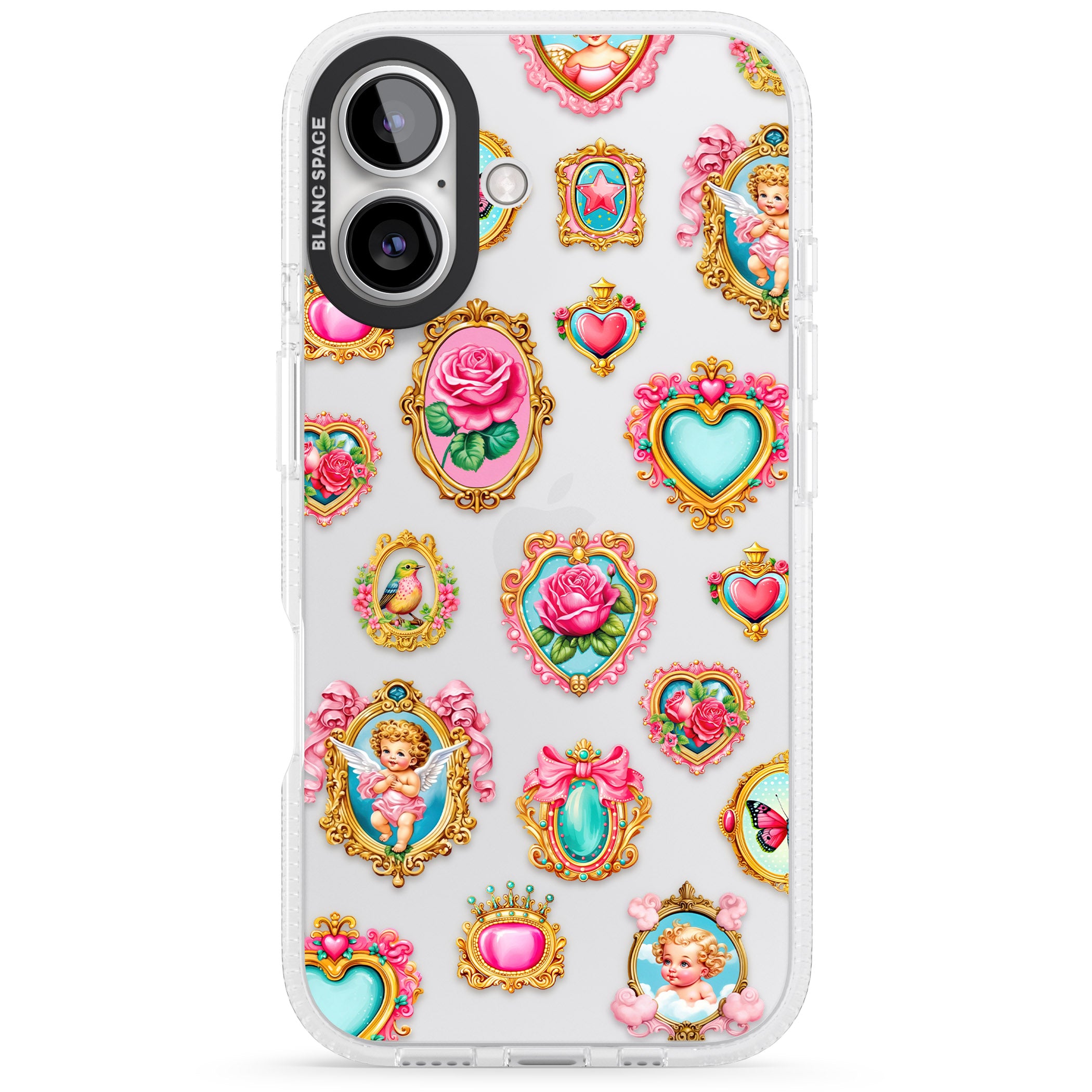 Angelcore Hearts & Frames iPhone 16 / 16 Plus Clear Case Impact Air - Blanc Space