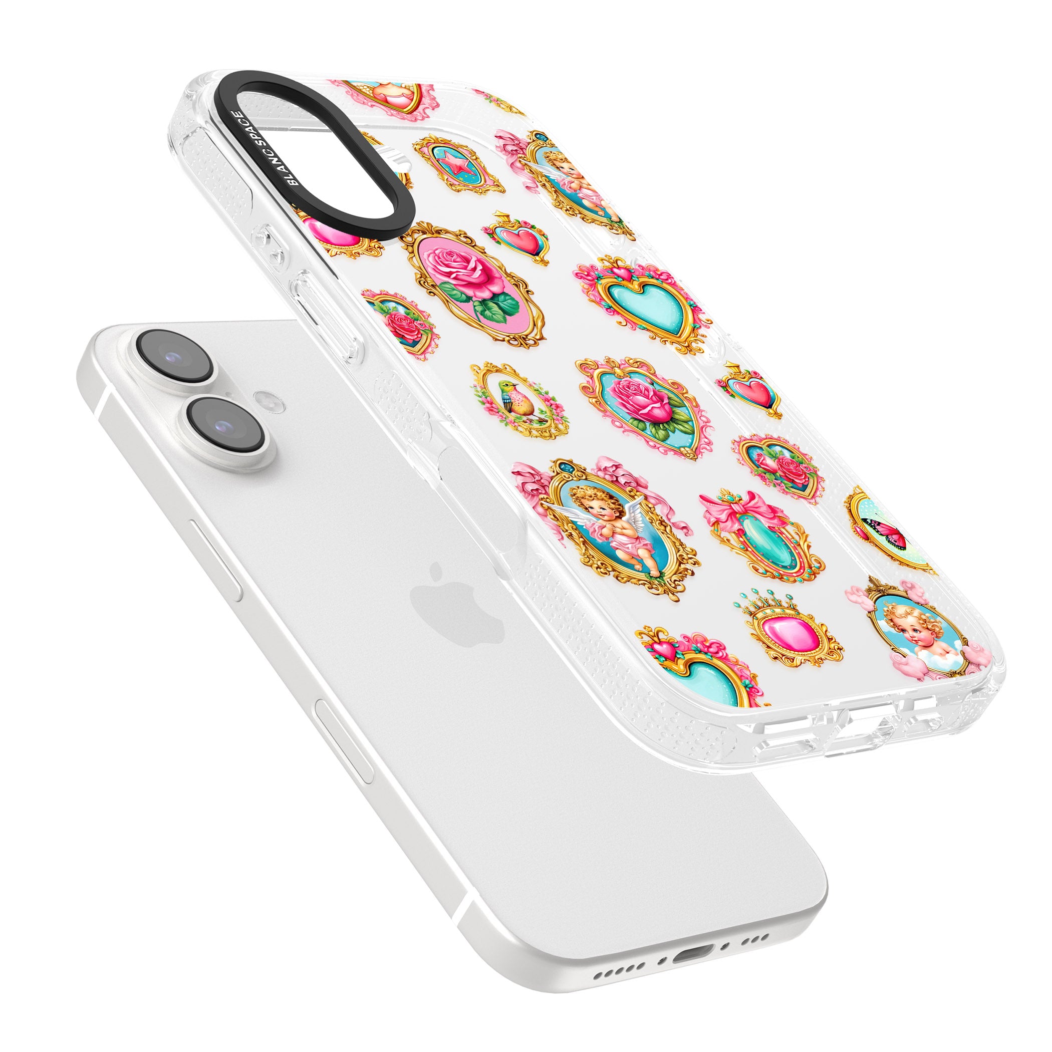 Angelcore Hearts & Frames iPhone 16 / 16 Plus Clear Case Impact Air - Blanc Space