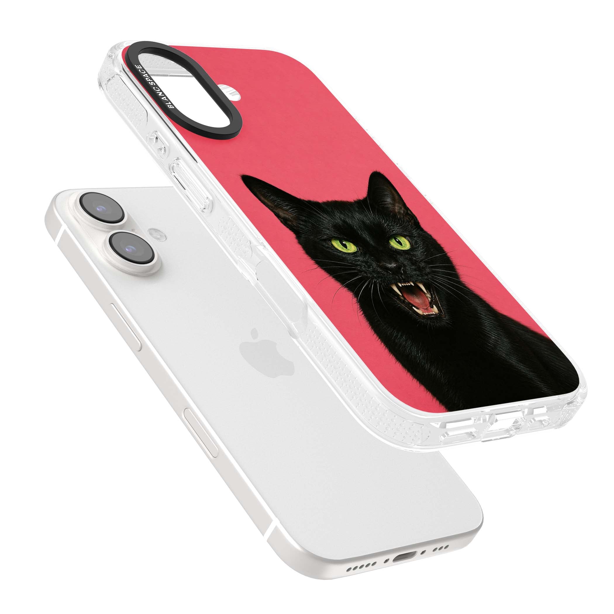 Hissin' Baddie black cat iPhone case featuring a hissing feline with green eyes on a hot pink background | Clear Case Impact Air case for iPhone 16, iPhone 16 Plus