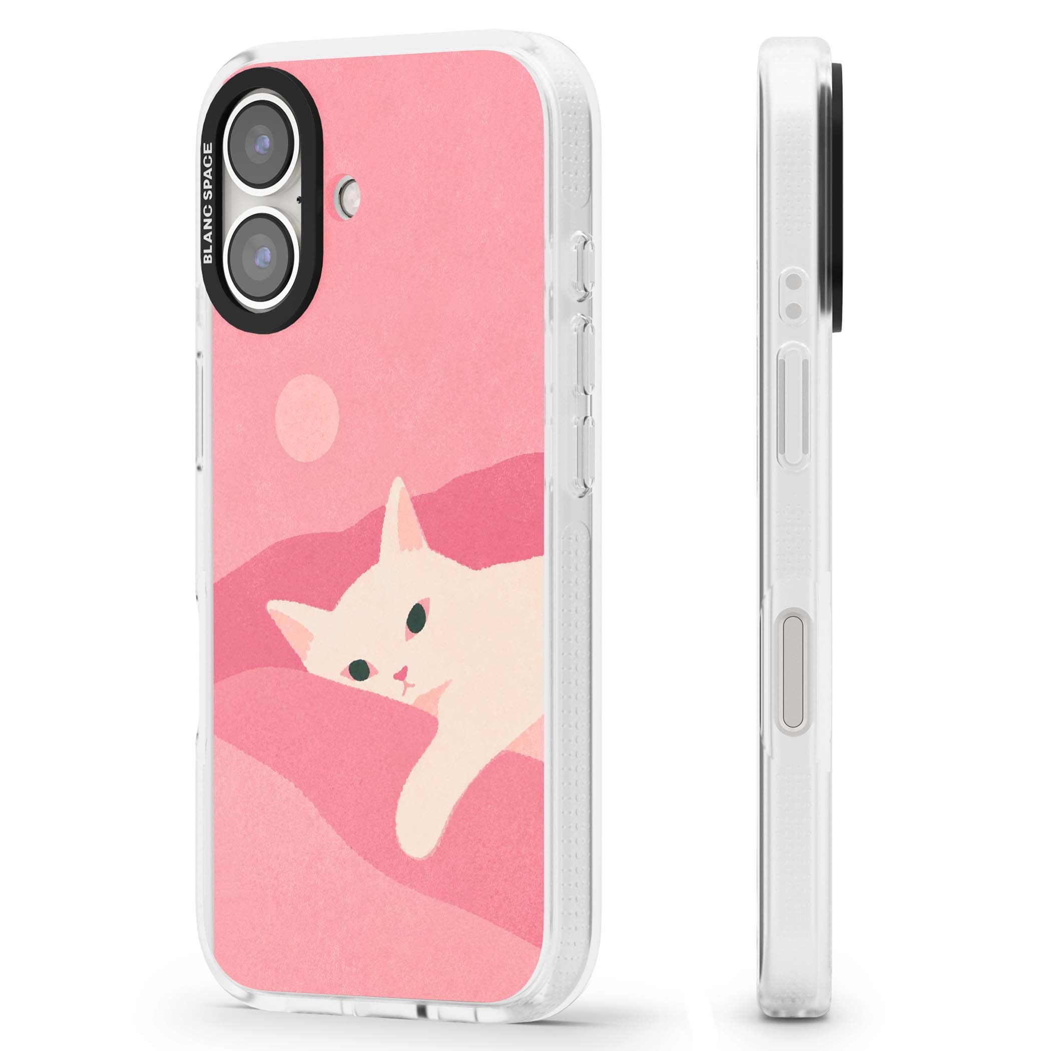 Pink Dreams cute cat iPhone case featuring a white kitten, soft pink hills and a pale pastel sun | Clear Case Impact Air case for iPhone 16, iPhone 16 Plus