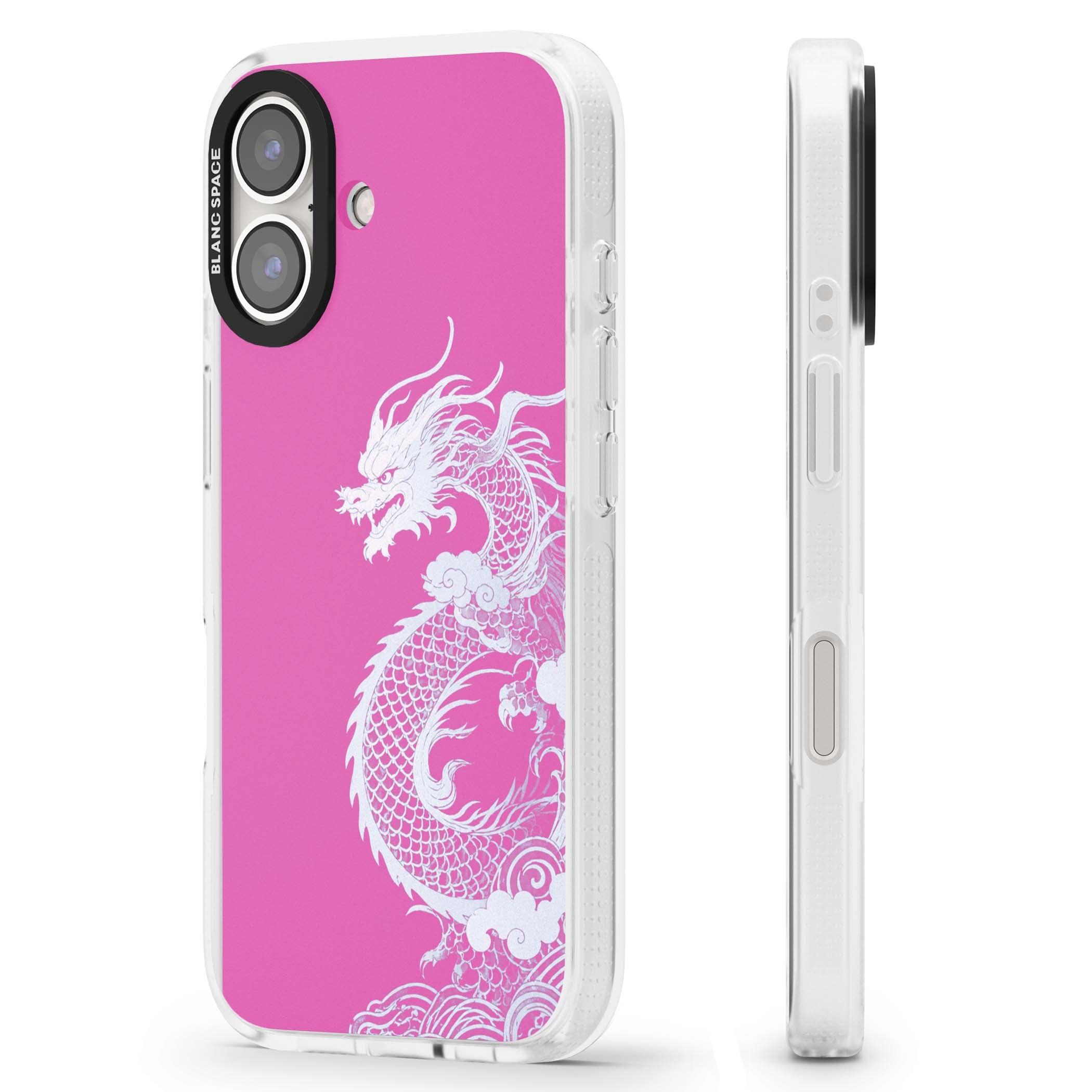 Pink Empress chinese dragon iPhone case featuring a white dragon, swirling clouds and pink dragon wallpaper backdrop | Clear Case Impact Air case for iPhone 16, iPhone 16 Plus