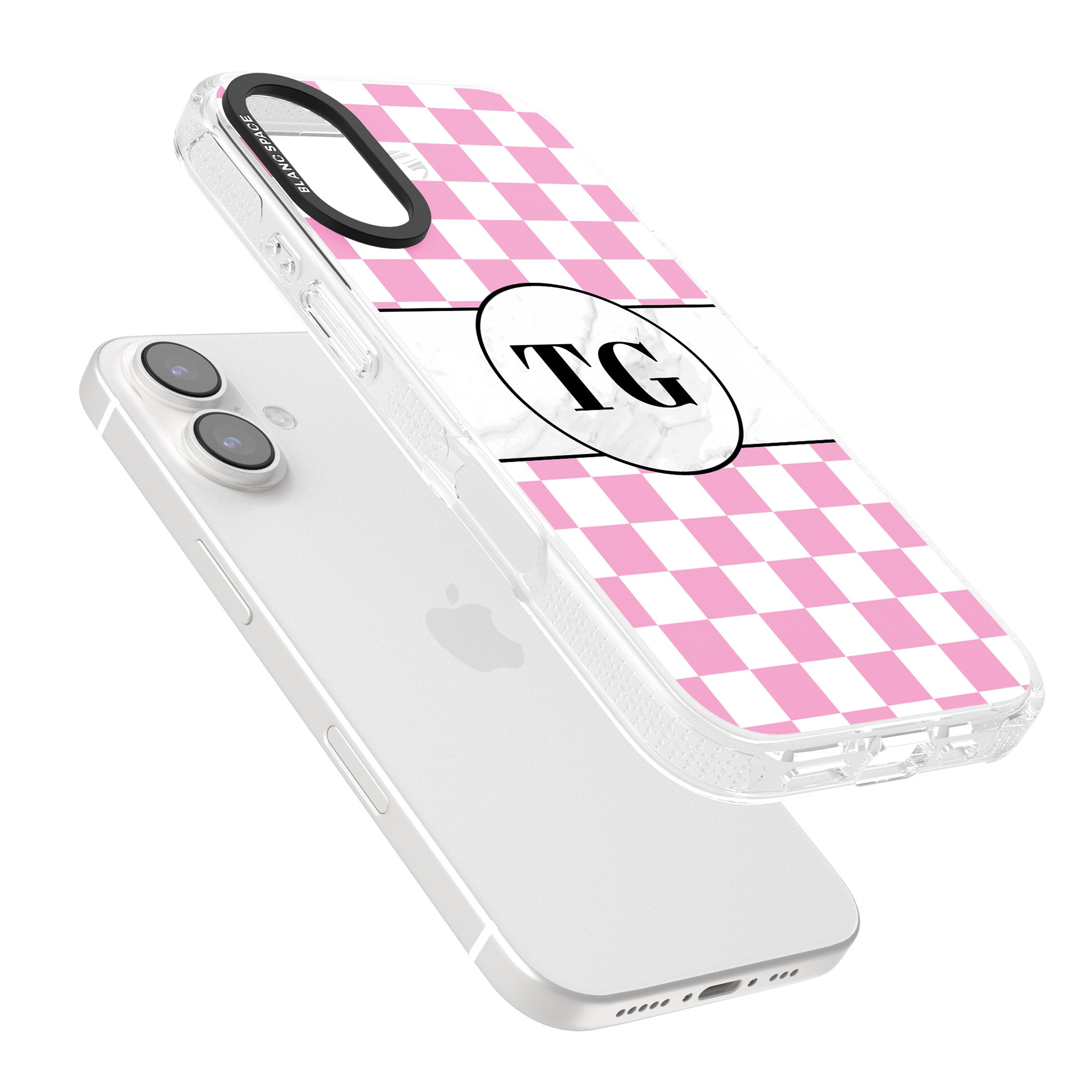 Personalised Monogrammed Pink Check iPhone 16 / 16 Plus Clear Case Impact Air - Blanc Space