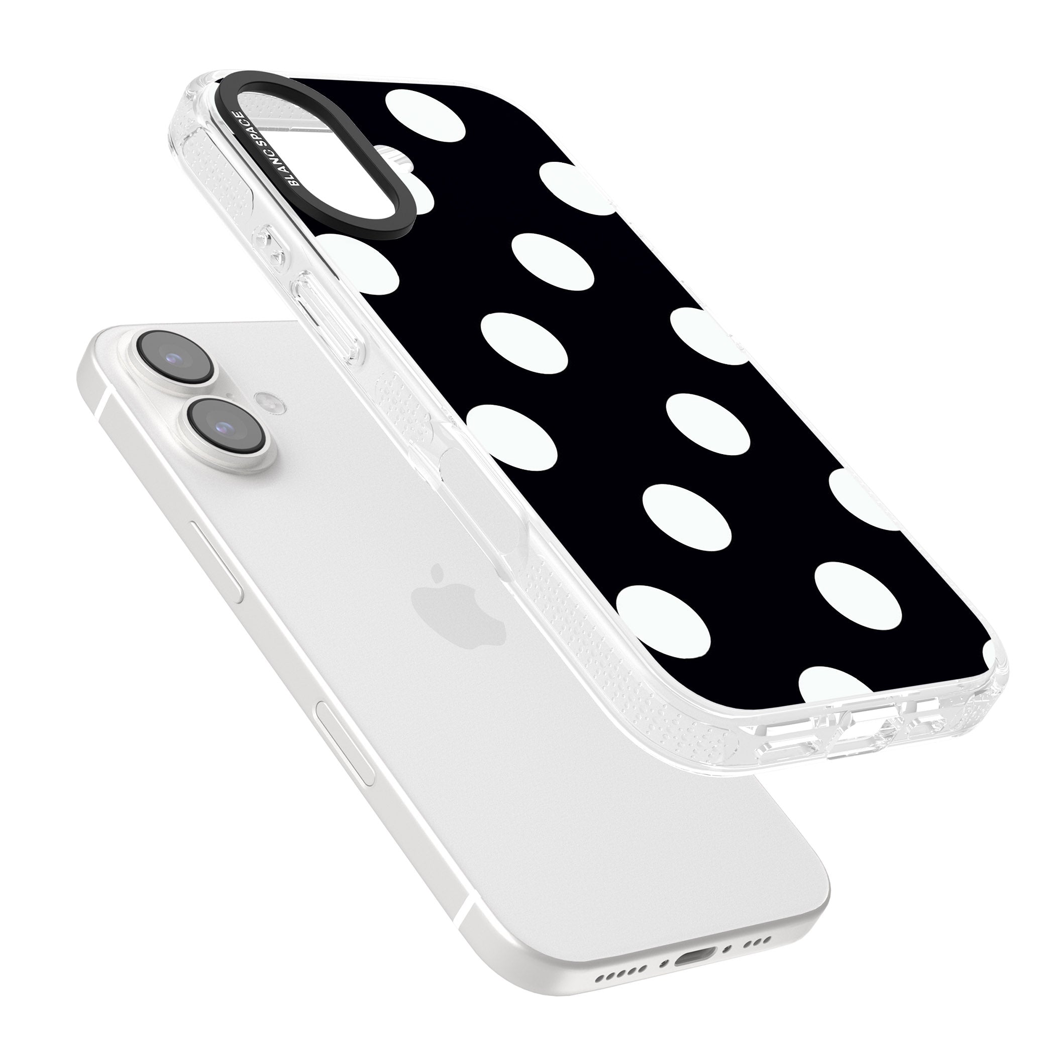 Chic Black Polka Dot iPhone 16 / 16 Plus Clear Case Impact Air - Blanc Space