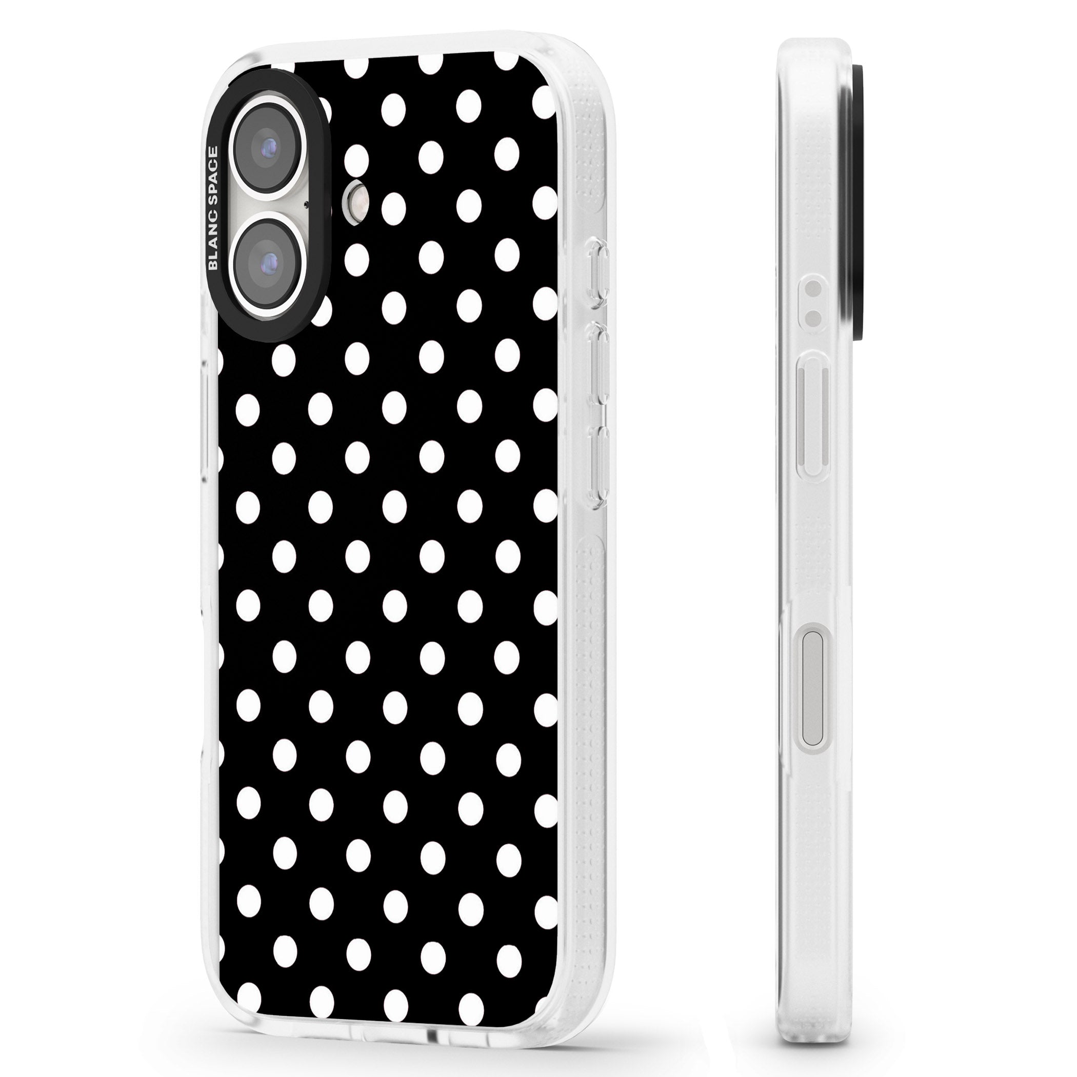 Designer Chic Black Polka Dot iPhone 16 / 16 Plus Clear Case Impact Air - Blanc Space
