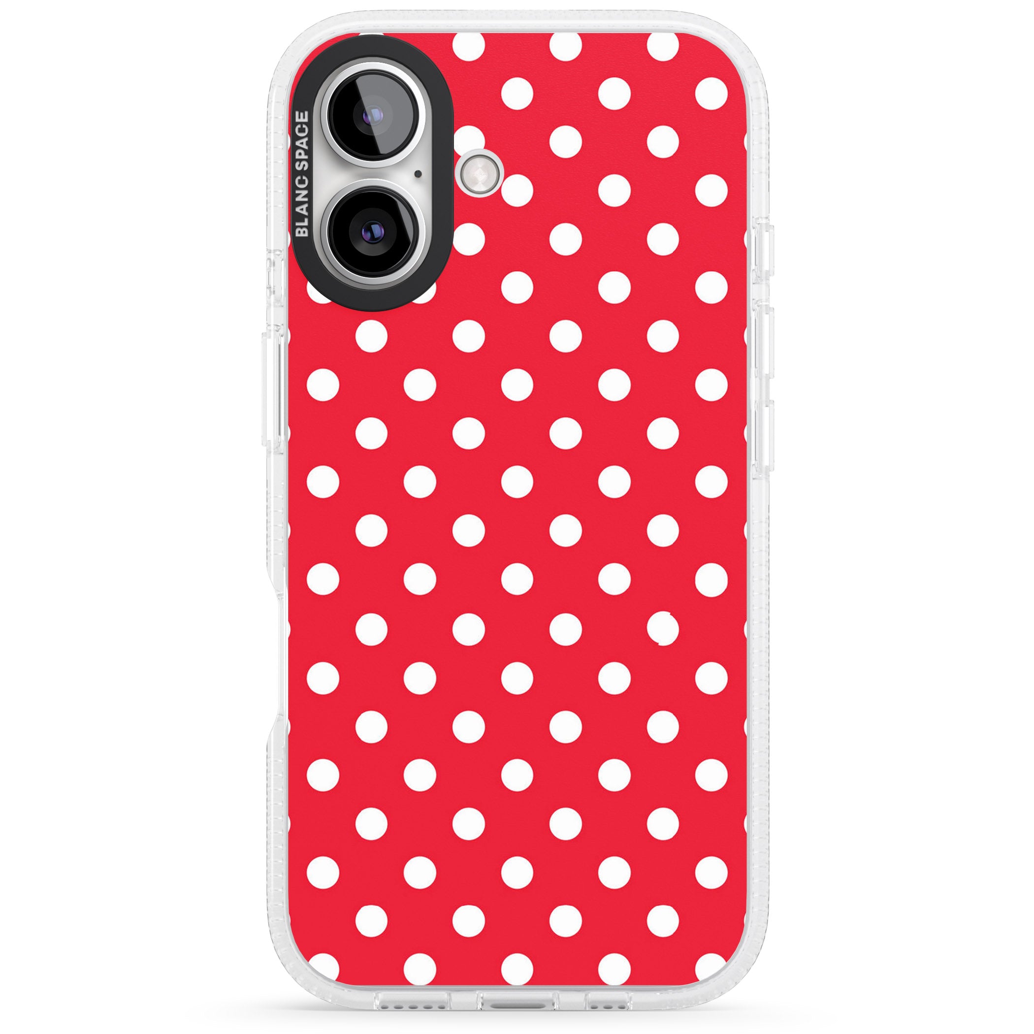 Designer Lava Red Polka Dot iPhone 16 / 16 Plus Clear Case Impact Air - Blanc Space