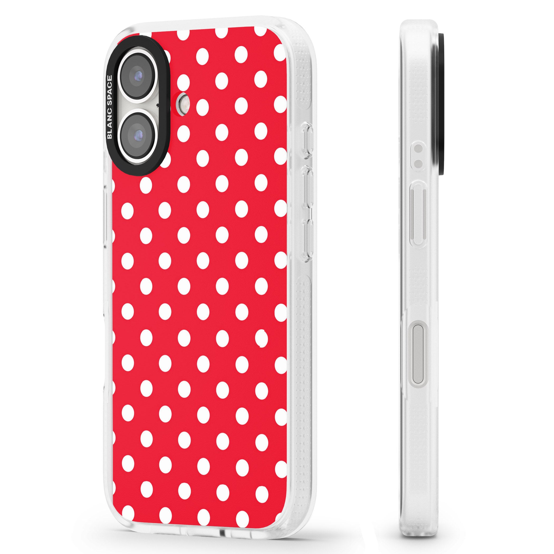 Designer Lava Red Polka Dot iPhone 16 / 16 Plus Clear Case Impact Air - Blanc Space