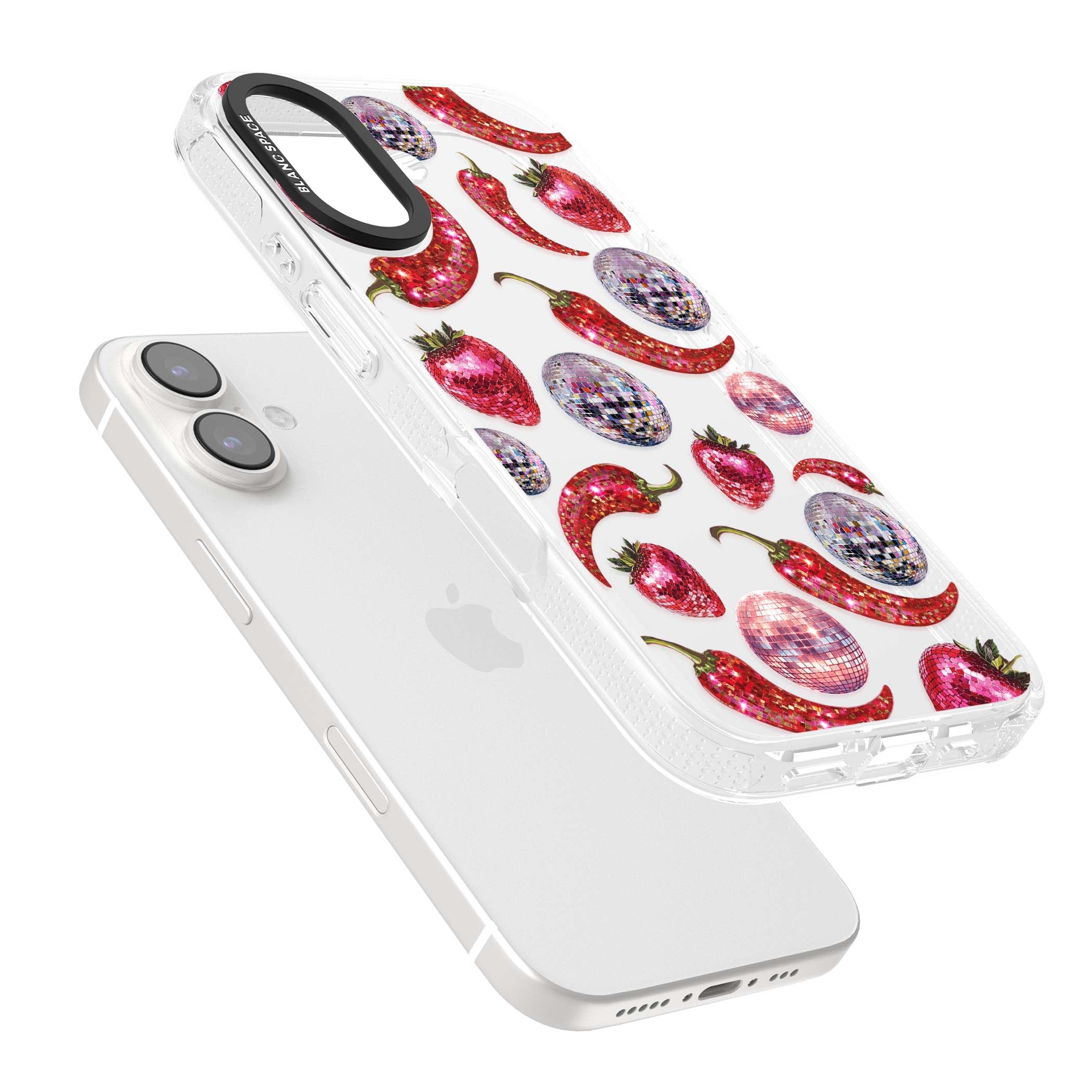 Spicy Disco Y2K iPhone case featuring glitter disco balls, sparkly strawberries and red chilli peppers | Clear Case Impact Air case for iPhone 16, iPhone 16 Plus