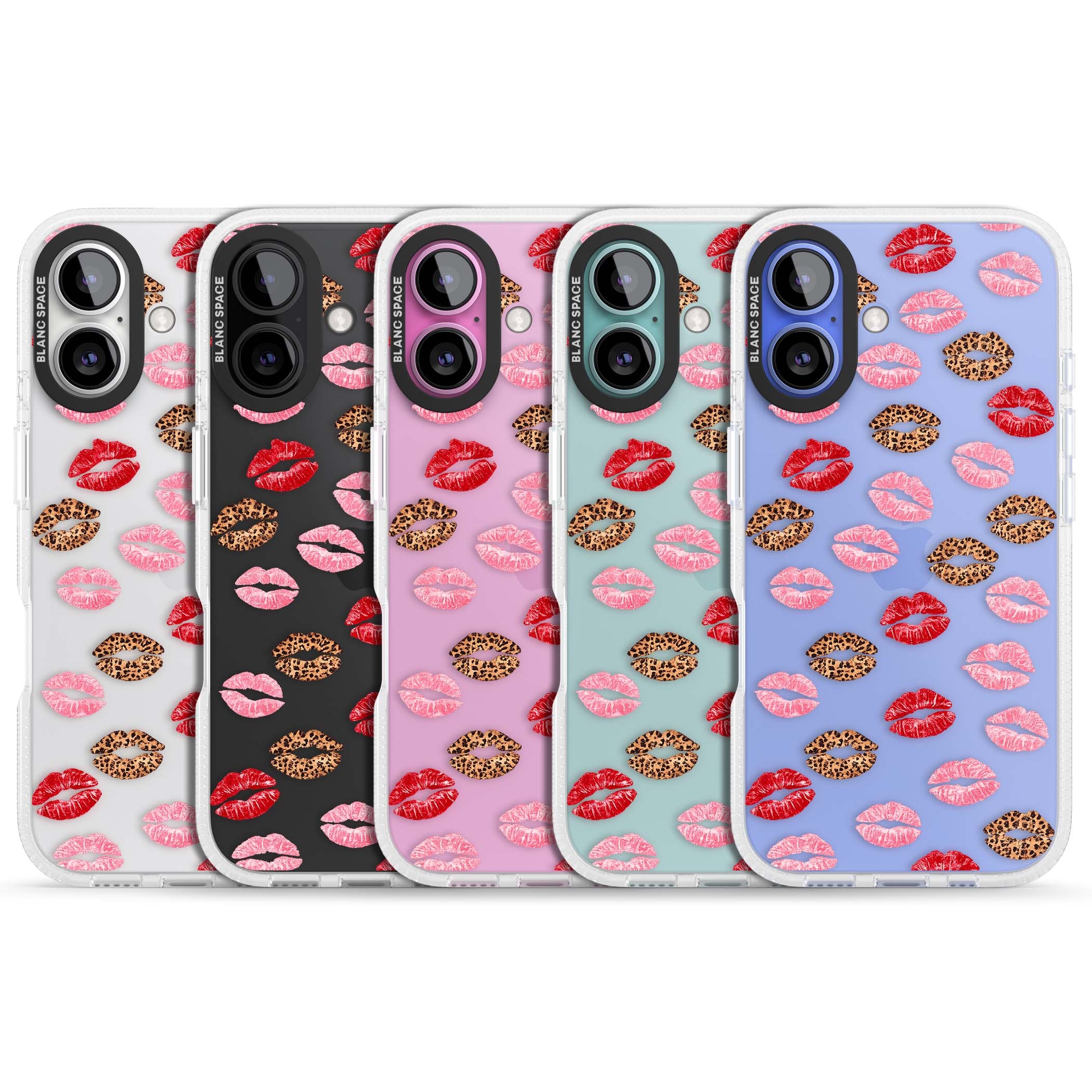 Wild Kisses coquette iPhone case featuring red, pink and leopard print lipstick kiss marks on a clear background | Clear Case Impact Air case for iPhone 16, iPhone 16 Plus
