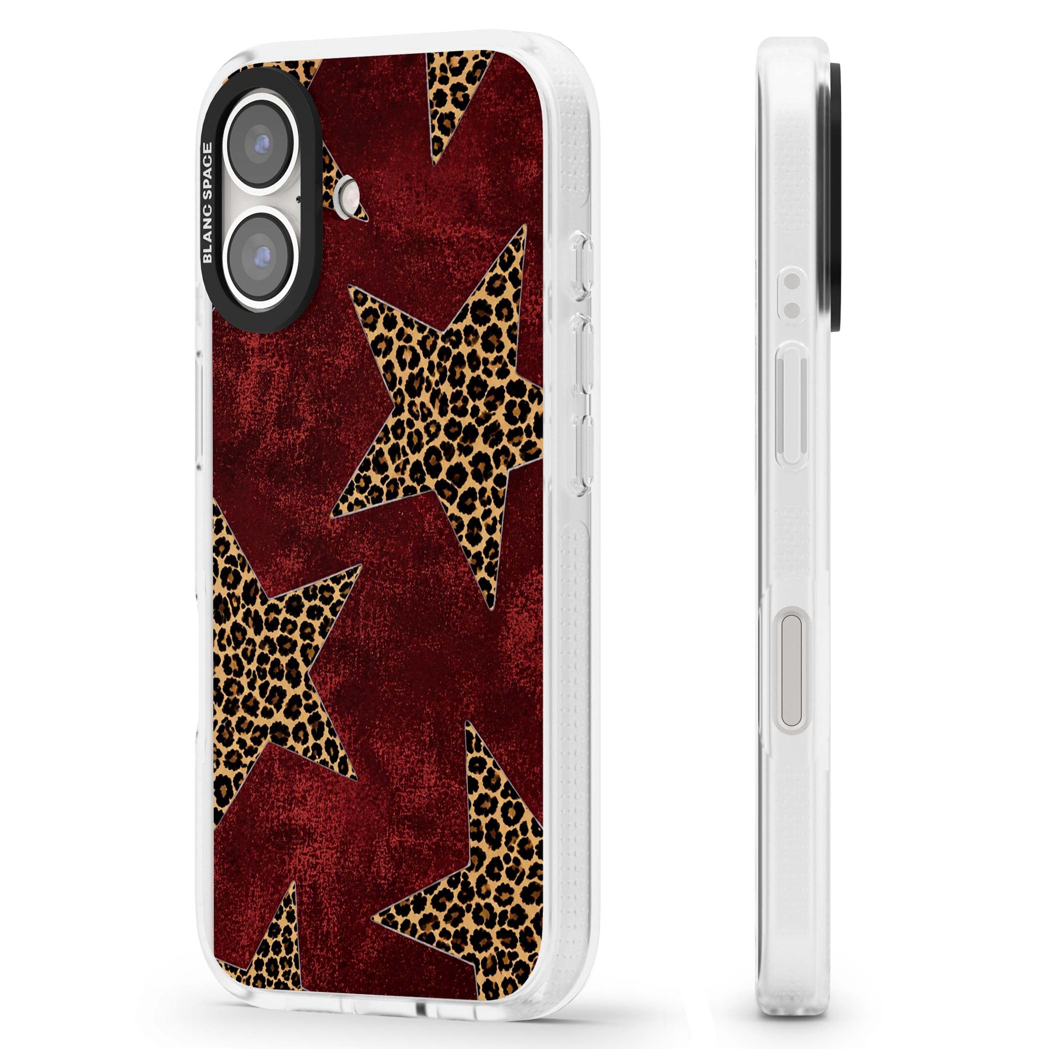 Showgirl leopard print iPhone case featuring cheetah print stars on distressed red grunge background | Clear Case Impact Air case for iPhone 16, iPhone 16 Plus